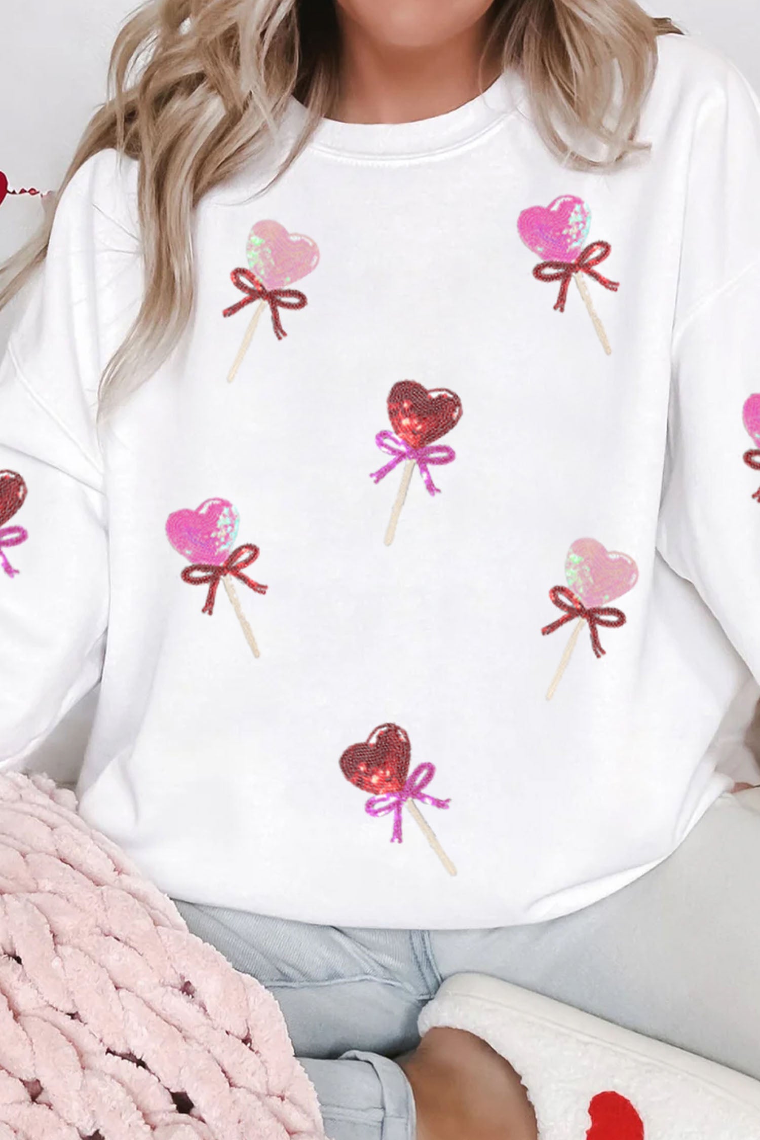White Sequin Bow Heart Shape Lolly Valentines Day Graphic Sweatshirt-Graphic Sweatshirts-[Adult]-[Female]-White-2XL-2022 Online Blue Zone Planet