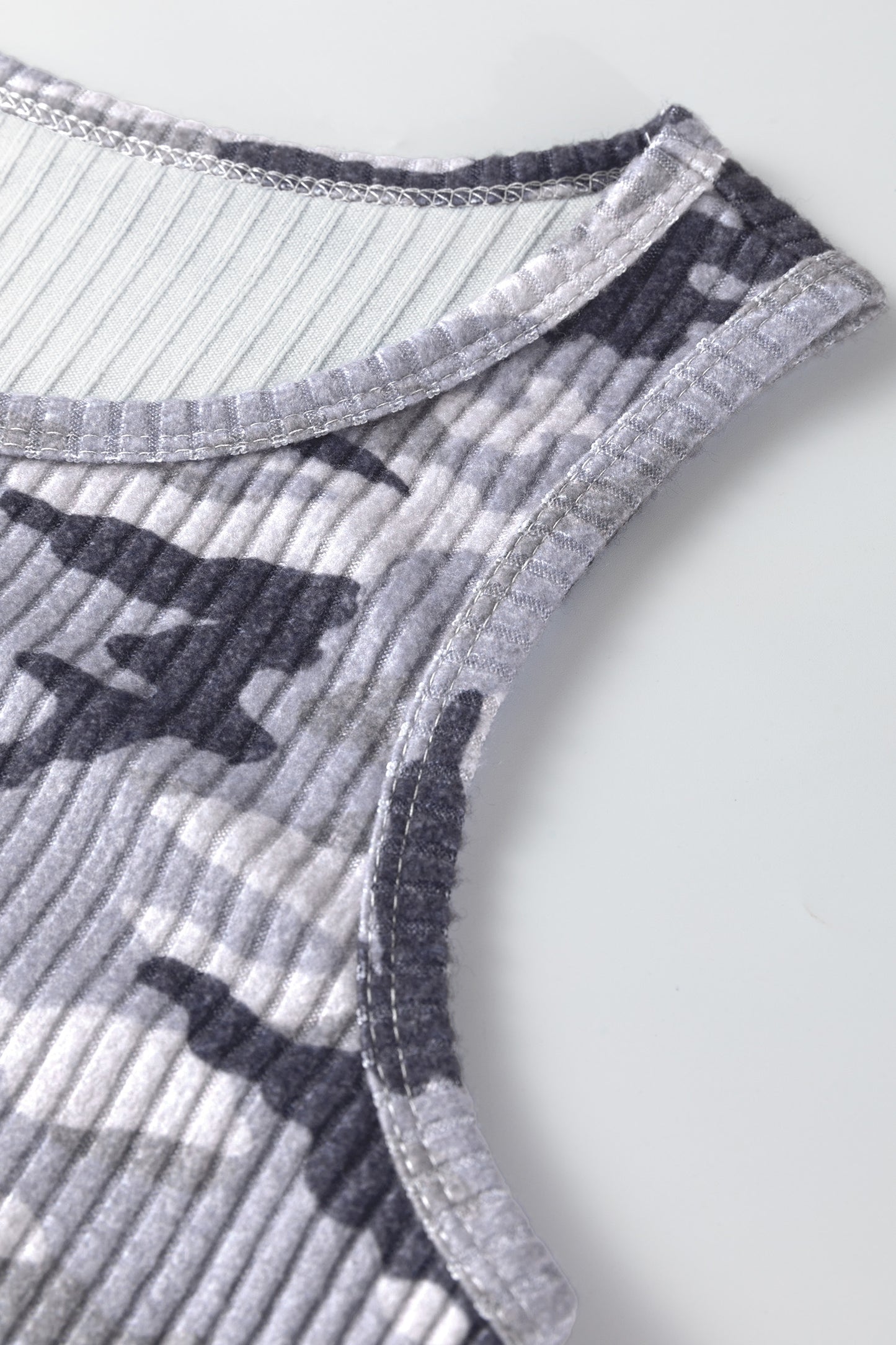 Gray Camouflage Print Ribbed Knit Round Neck Tank Top-Tops/Tank Tops-[Adult]-[Female]-2022 Online Blue Zone Planet