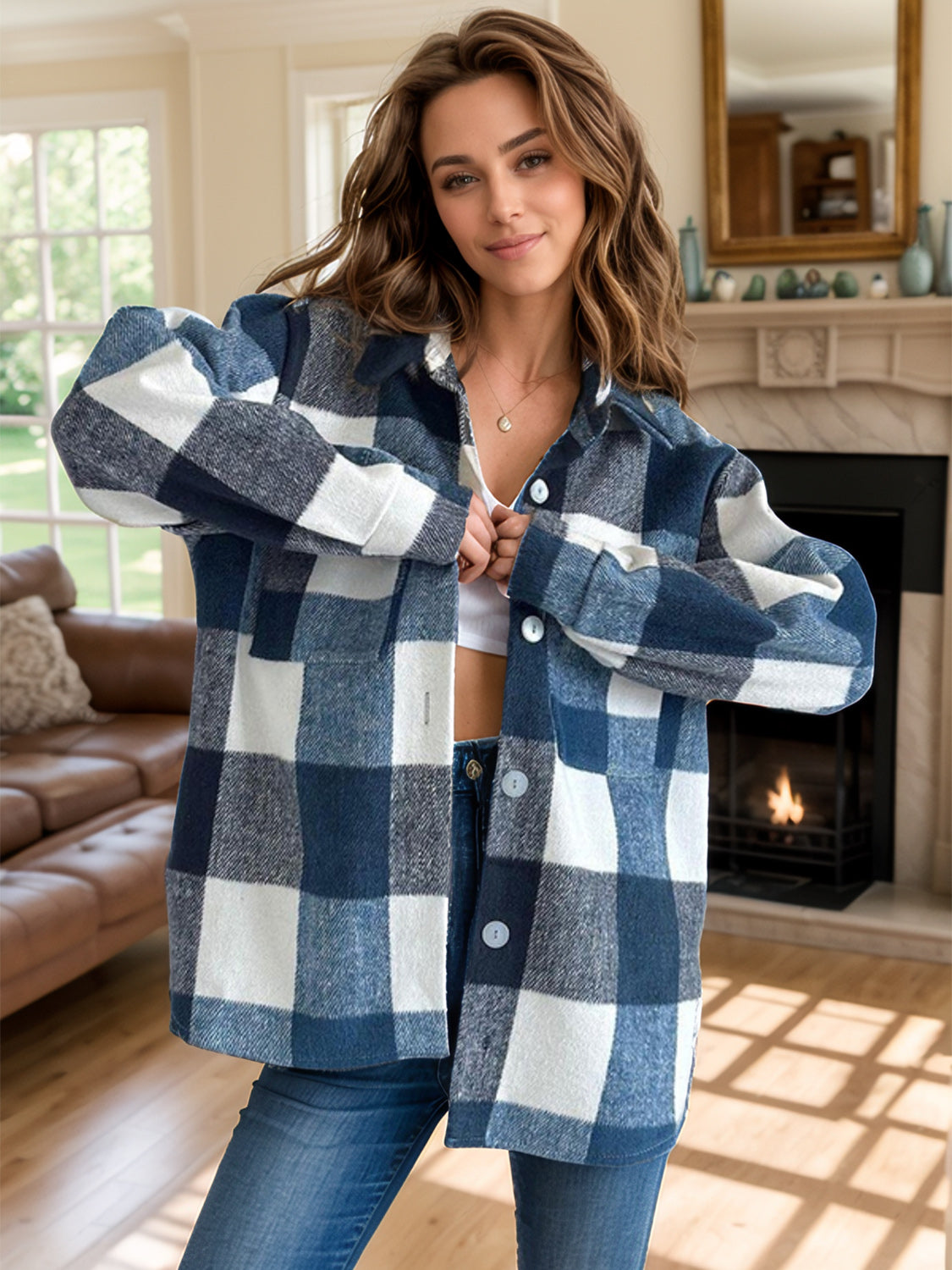 Plaid Button Up Long Sleeve Shacket-TOPS / DRESSES-[Adult]-[Female]-2022 Online Blue Zone Planet