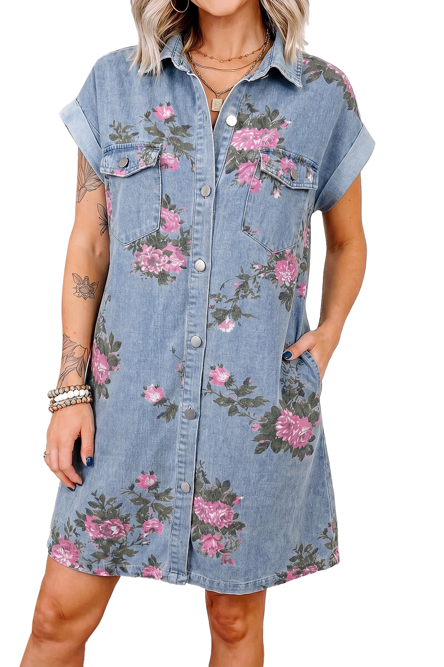 Sky Blue Denim Floral Print Cuffed Short Sleeve Button Down Shift Dress-TOPS / DRESSES-[Adult]-[Female]-2022 Online Blue Zone Planet