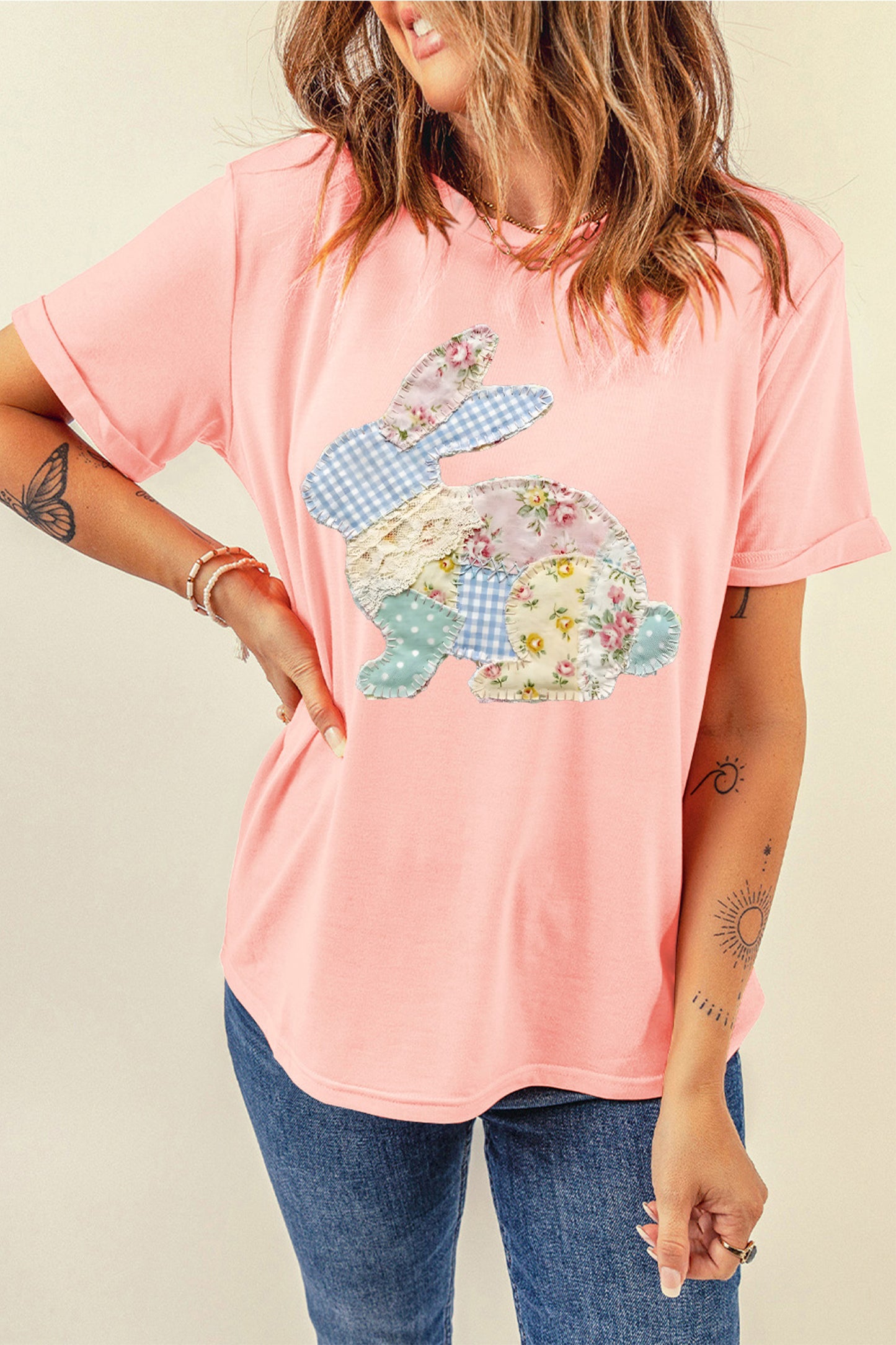 Pink Vibrant Easter Bunny Patchwork Printed T Shirt-Graphic/Graphic Tees-[Adult]-[Female]-2022 Online Blue Zone Planet