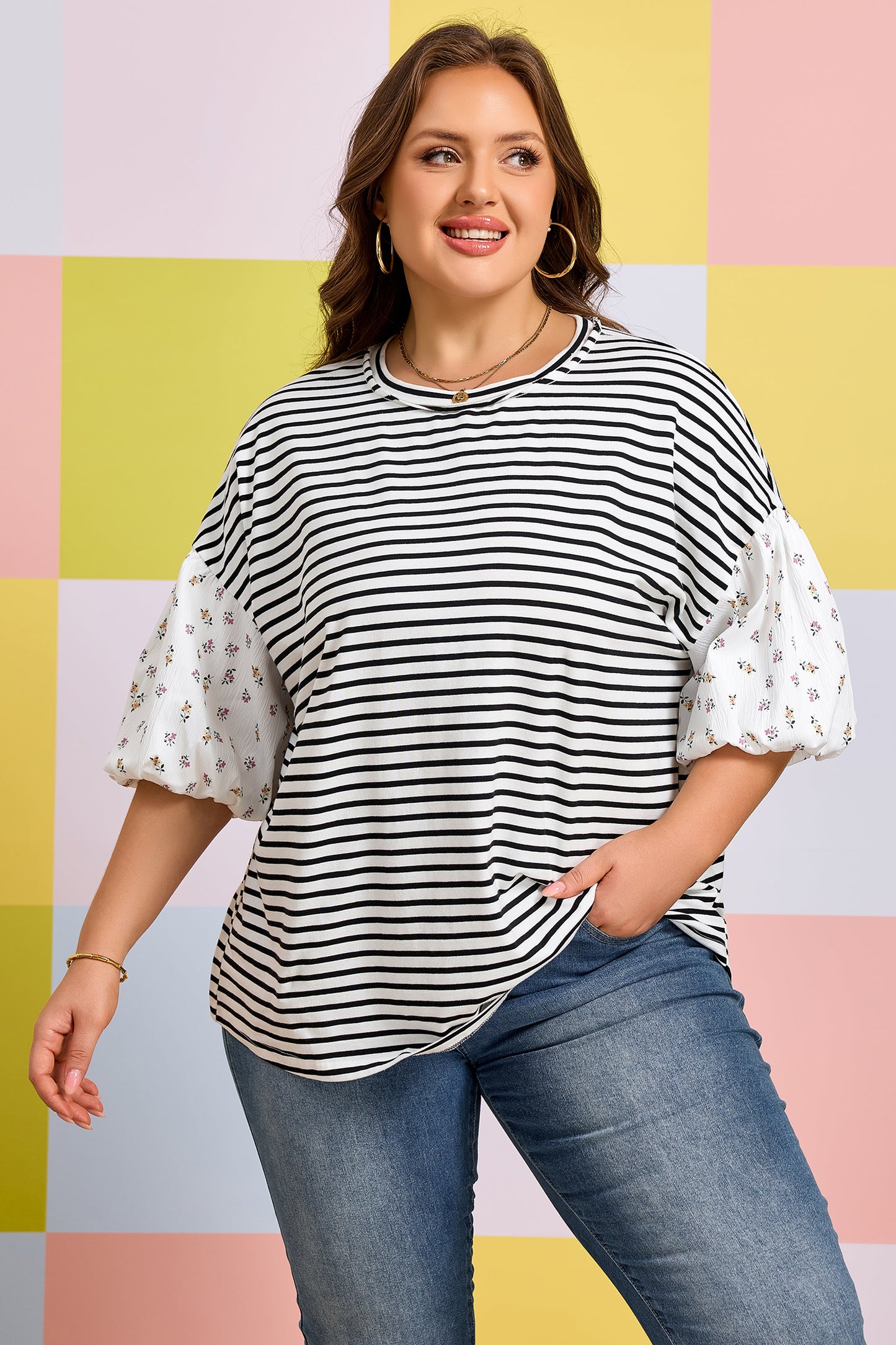 Black Stripe Plus Size Striped Short Sleeve Top With Floral Puff Sleeves-Plus Size/Plus Size Tops/Plus Size Blouses & Shirts-[Adult]-[Female]-2022 Online Blue Zone Planet