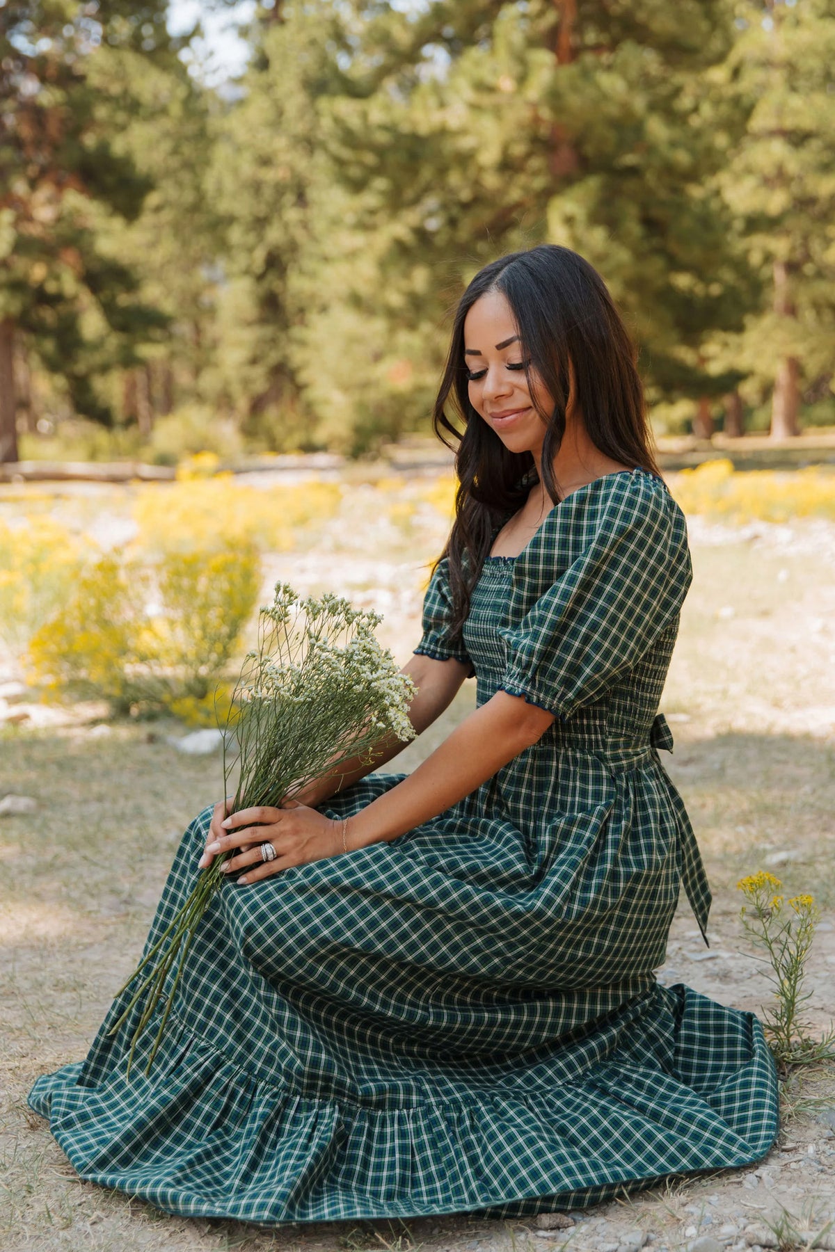 Green Plaid Square Neck Shirred High Waist Ruffle Hem Dress-TOPS / DRESSES-[Adult]-[Female]-2022 Online Blue Zone Planet