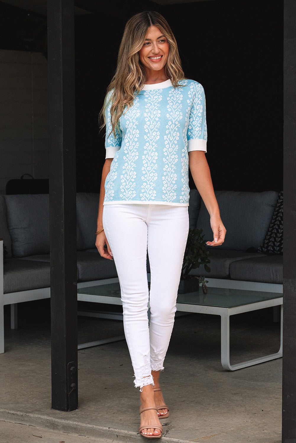 Sky Blue Contrast Floral Crewneck Short Sleeve Sweater-TOPS / DRESSES-[Adult]-[Female]-2022 Online Blue Zone Planet