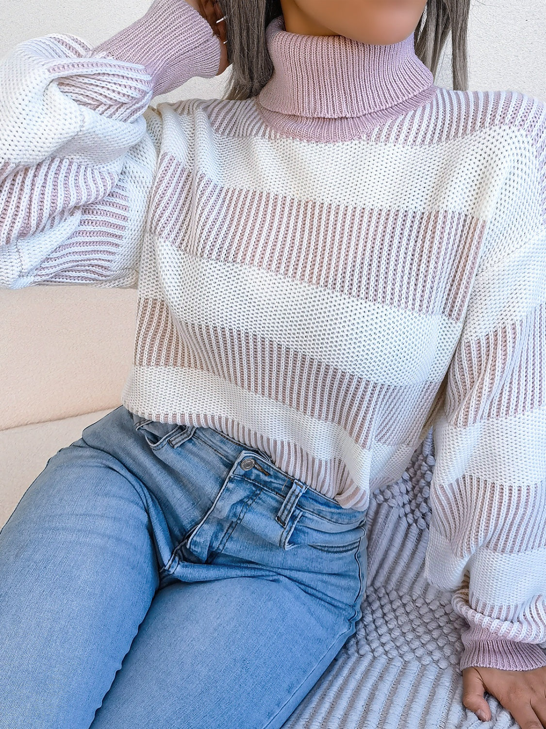 Striped Turtleneck Long Sleeve Sweater-TOPS / DRESSES-[Adult]-[Female]-2022 Online Blue Zone Planet