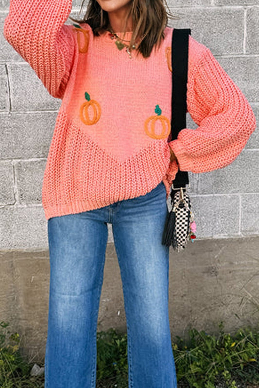 Blossom Pumpkin Embroidered Thanksgiving Holiday Sweater-Sweaters & Cardigans/Sweaters-[Adult]-[Female]-2022 Online Blue Zone Planet