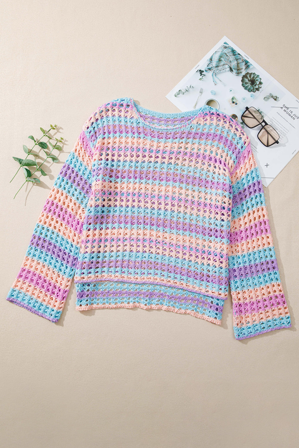 Purple Striped Hollow Knit Summer Beach Cover Up-Cover-ups-[Adult]-[Female]-2022 Online Blue Zone Planet