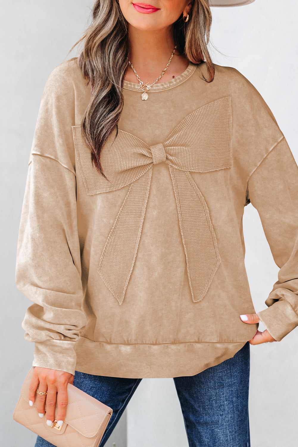 Light French Beige Mineral Wash Big Bow Patchwork Pullover Sweatshirt-Tops/Sweatshirts & Hoodies-[Adult]-[Female]-2022 Online Blue Zone Planet