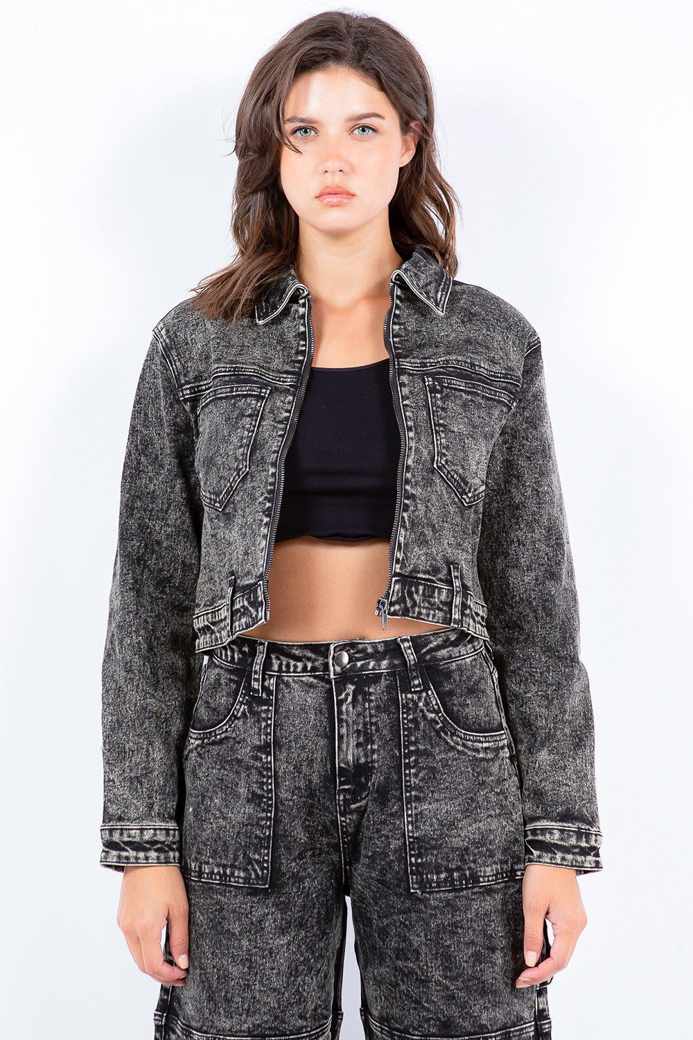 American Bazi Overdyed Bleached Zip Up Cropped Jacket-TOPS / DRESSES-[Adult]-[Female]-Grey-S-2022 Online Blue Zone Planet