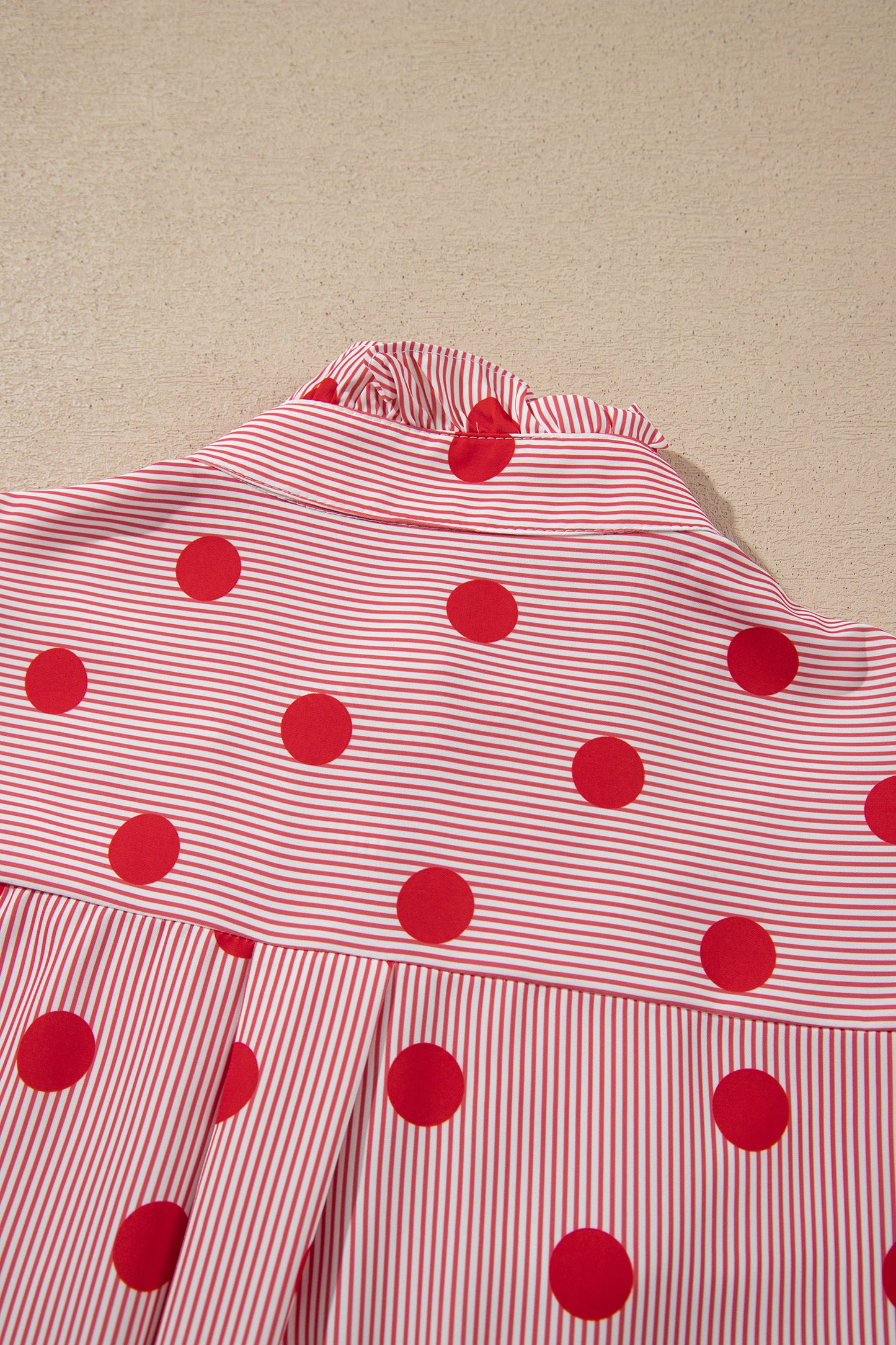 Fiery Red Polka Dot Striped Print Ruffle Stand Neck 3/4 Sleeve Shift Shirt-Tops/Blouses & Shirts-[Adult]-[Female]-2022 Online Blue Zone Planet