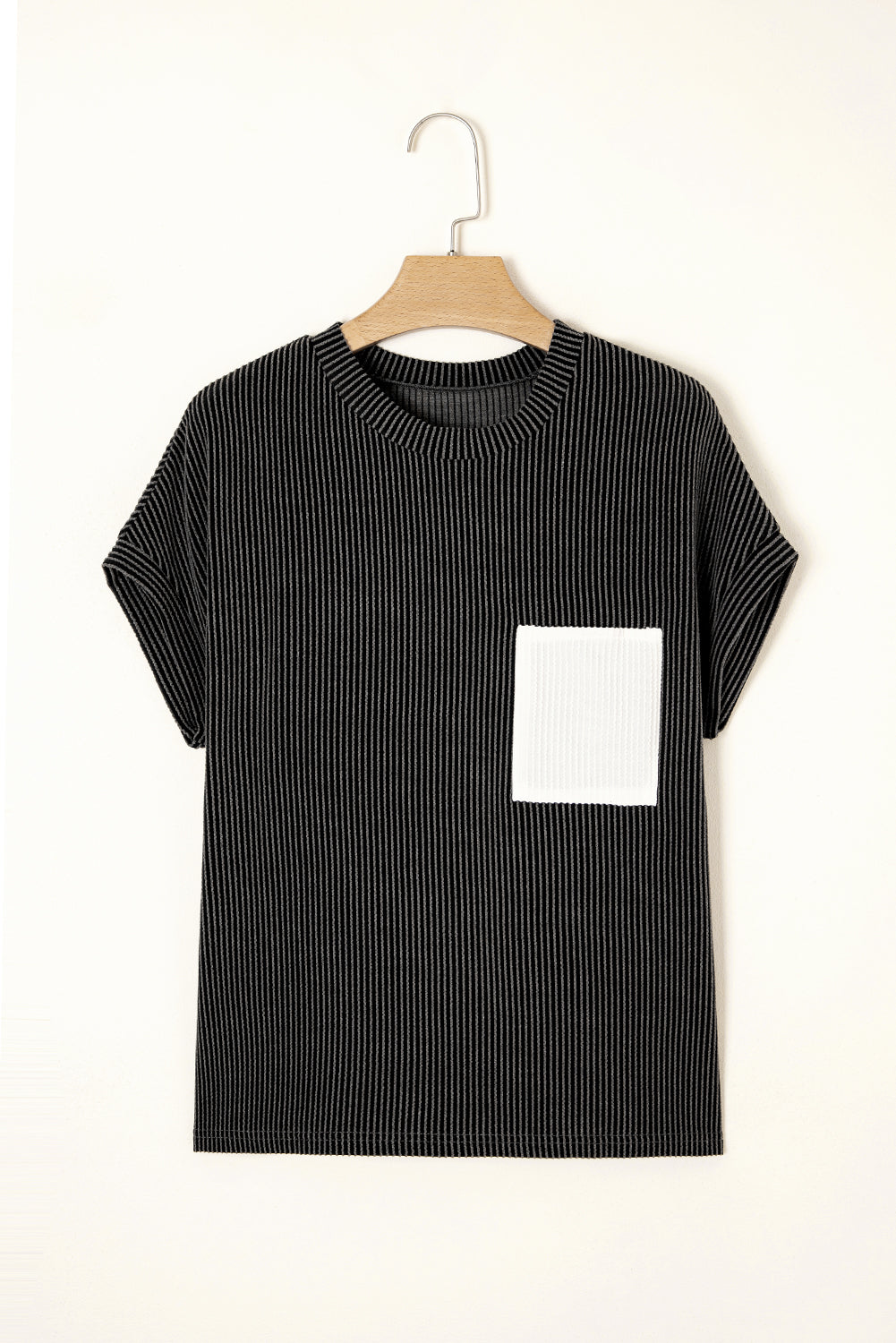 Carbon Grey Corded Knit Color Block Pocketed Crew Neck T Shirt-Tops/Tops & Tees-[Adult]-[Female]-2022 Online Blue Zone Planet
