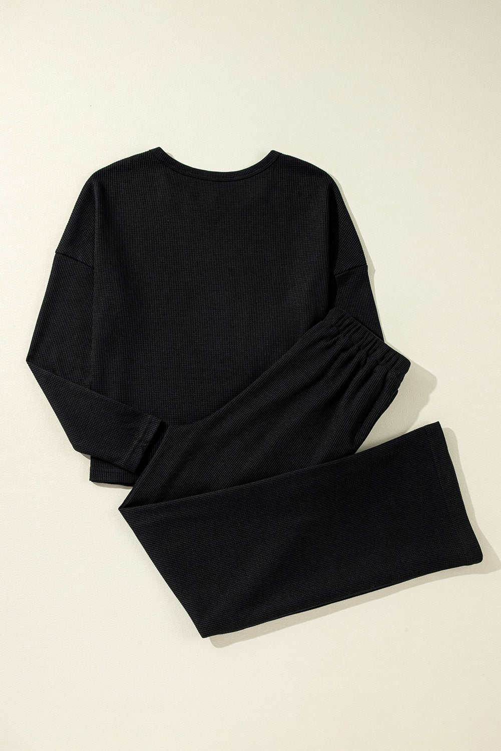 Black Textured Long Sleeve T Shirt and Pants Lounge Set-Loungewear & Sleepwear/Loungewear-[Adult]-[Female]-2022 Online Blue Zone Planet