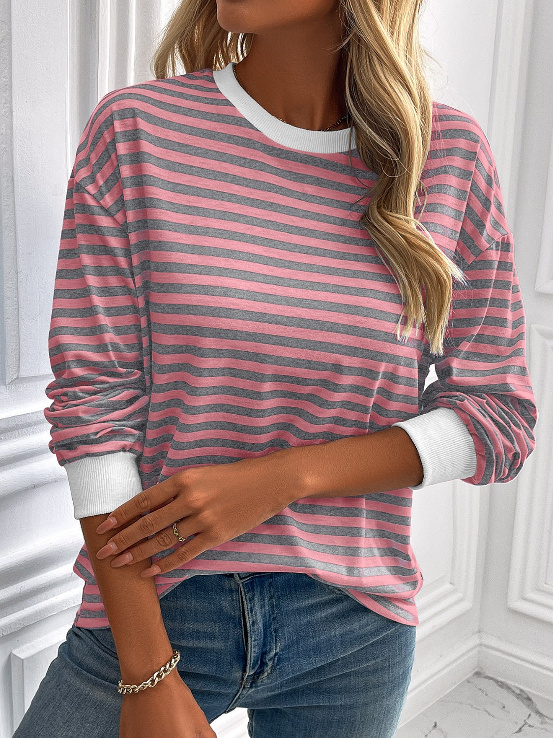 Ivy Lane Striped Round Neck Long Sleeve Sweatshirt-TOPS / DRESSES-[Adult]-[Female]-2022 Online Blue Zone Planet