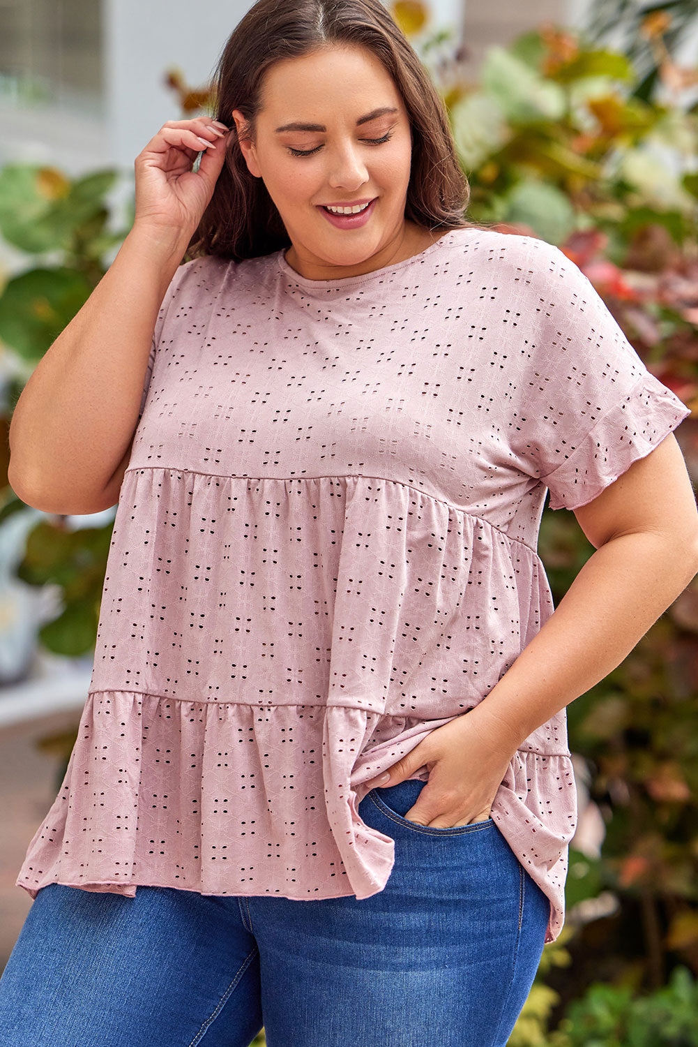 Plus Size Eyelet Round Neck Short Sleeve Blouse-TOPS / DRESSES-[Adult]-[Female]-2022 Online Blue Zone Planet