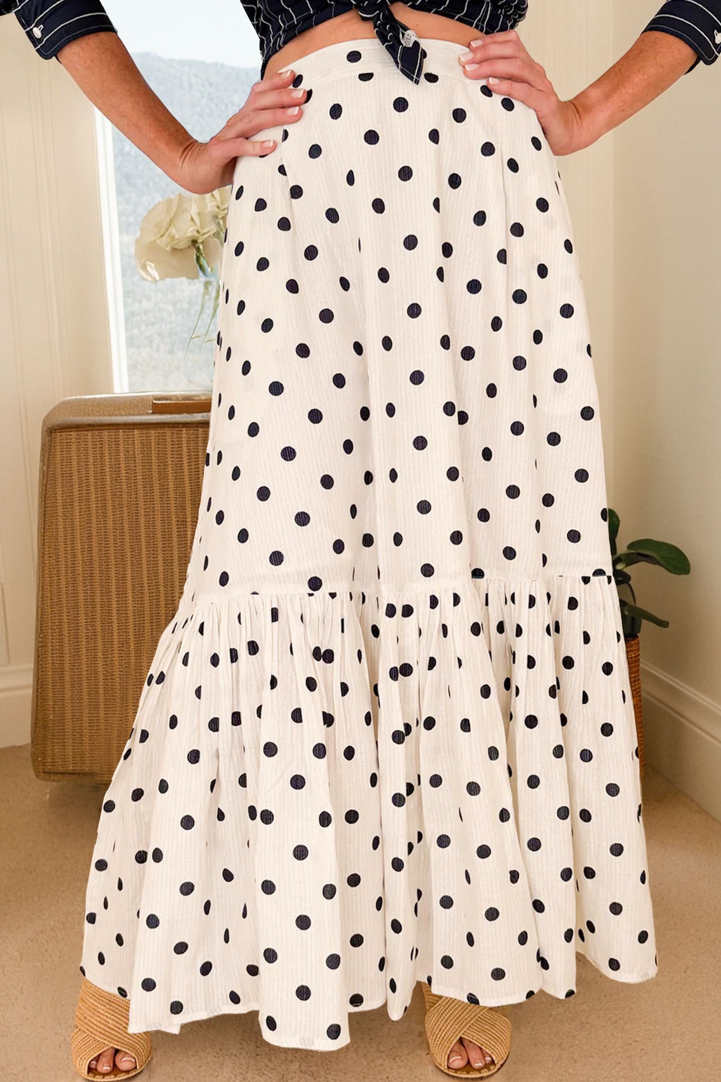White Polka Dot Ruffled Slit Maxi Skirt-Bottoms/Skirts & Petticoat-[Adult]-[Female]-White-S-2022 Online Blue Zone Planet
