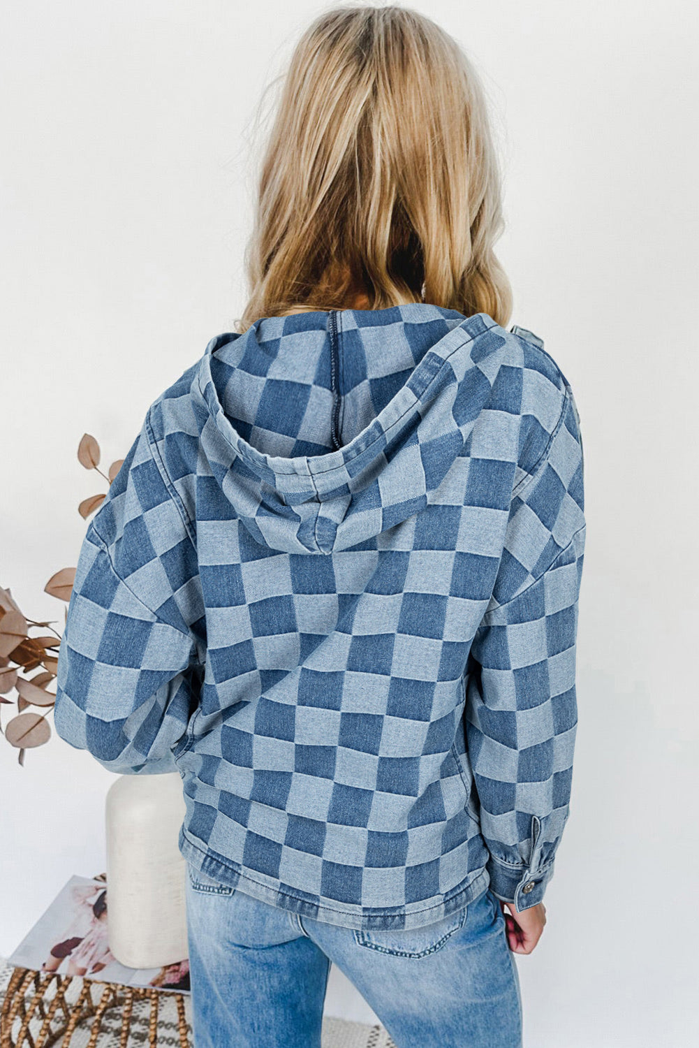 Sky Blue Checkerboard Zipped Neck Kangaroo Pocket Denim Hoodie-Tops/Sweatshirts & Hoodies-[Adult]-[Female]-2022 Online Blue Zone Planet