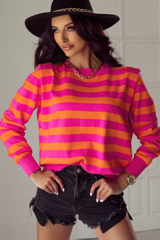 Rose Stripe Shoulder Pad Round Neck Sweater-TOPS / DRESSES-[Adult]-[Female]-Rose Stripe-S-2022 Online Blue Zone Planet