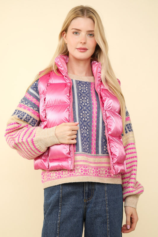 VERY J Shiny Metallic Zip Up Puffer Vest-TOPS / DRESSES-[Adult]-[Female]-Pink-S-2022 Online Blue Zone Planet