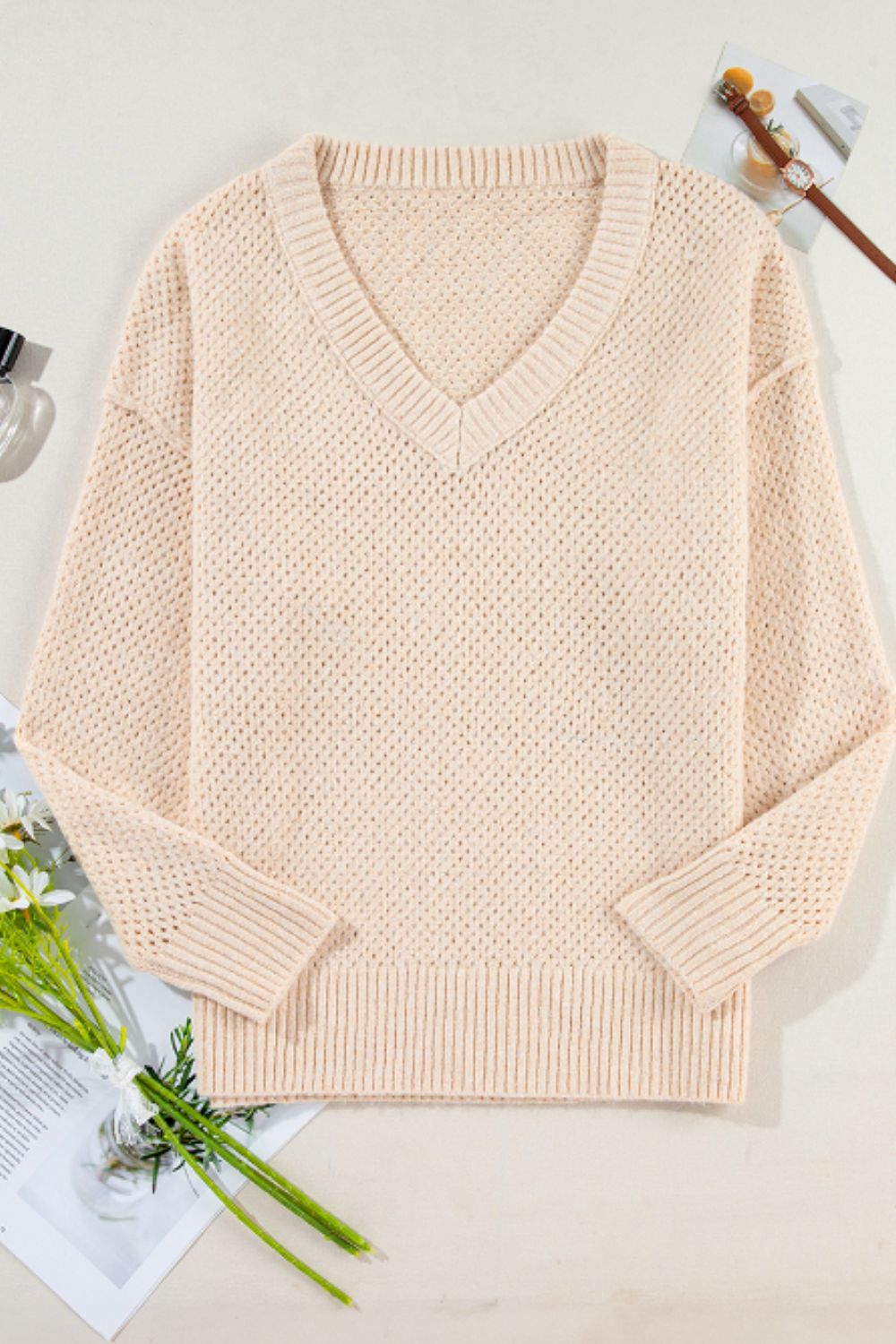 V-Neck Dropped Shoulder Long Sleeve Sweater-TOPS / DRESSES-[Adult]-[Female]-2022 Online Blue Zone Planet