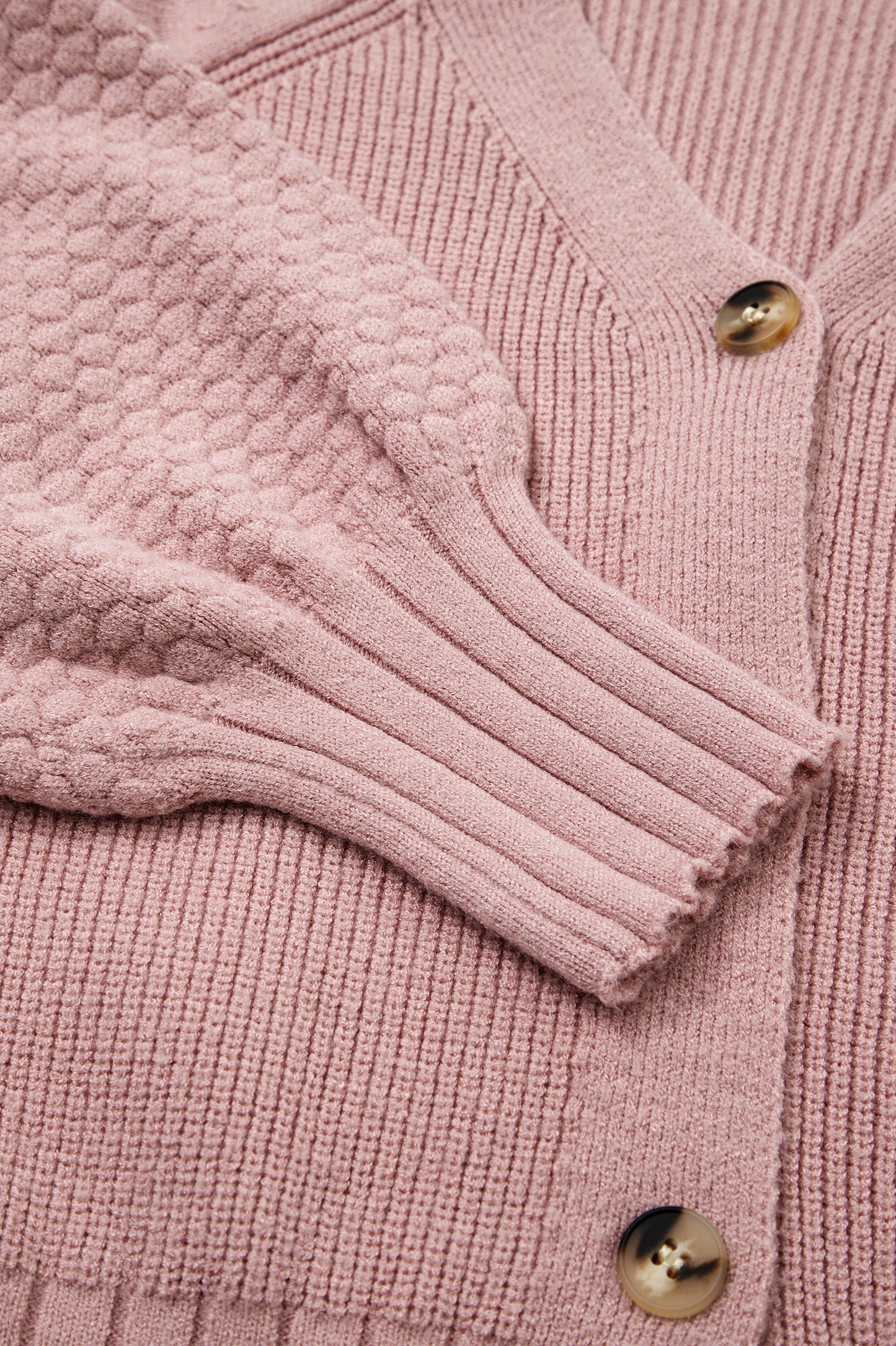 Light Pink Mixed Texture Knit Button V Neck Sweater Cardigan-TOPS / DRESSES-[Adult]-[Female]-2022 Online Blue Zone Planet