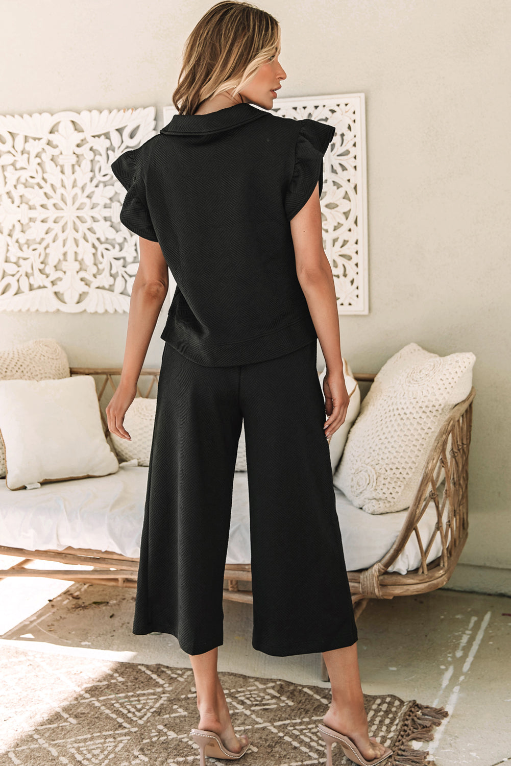 Black Textured Flutter Sleeve Top Wide Leg Pants Set-Two Piece Sets/Pant Sets-[Adult]-[Female]-2022 Online Blue Zone Planet