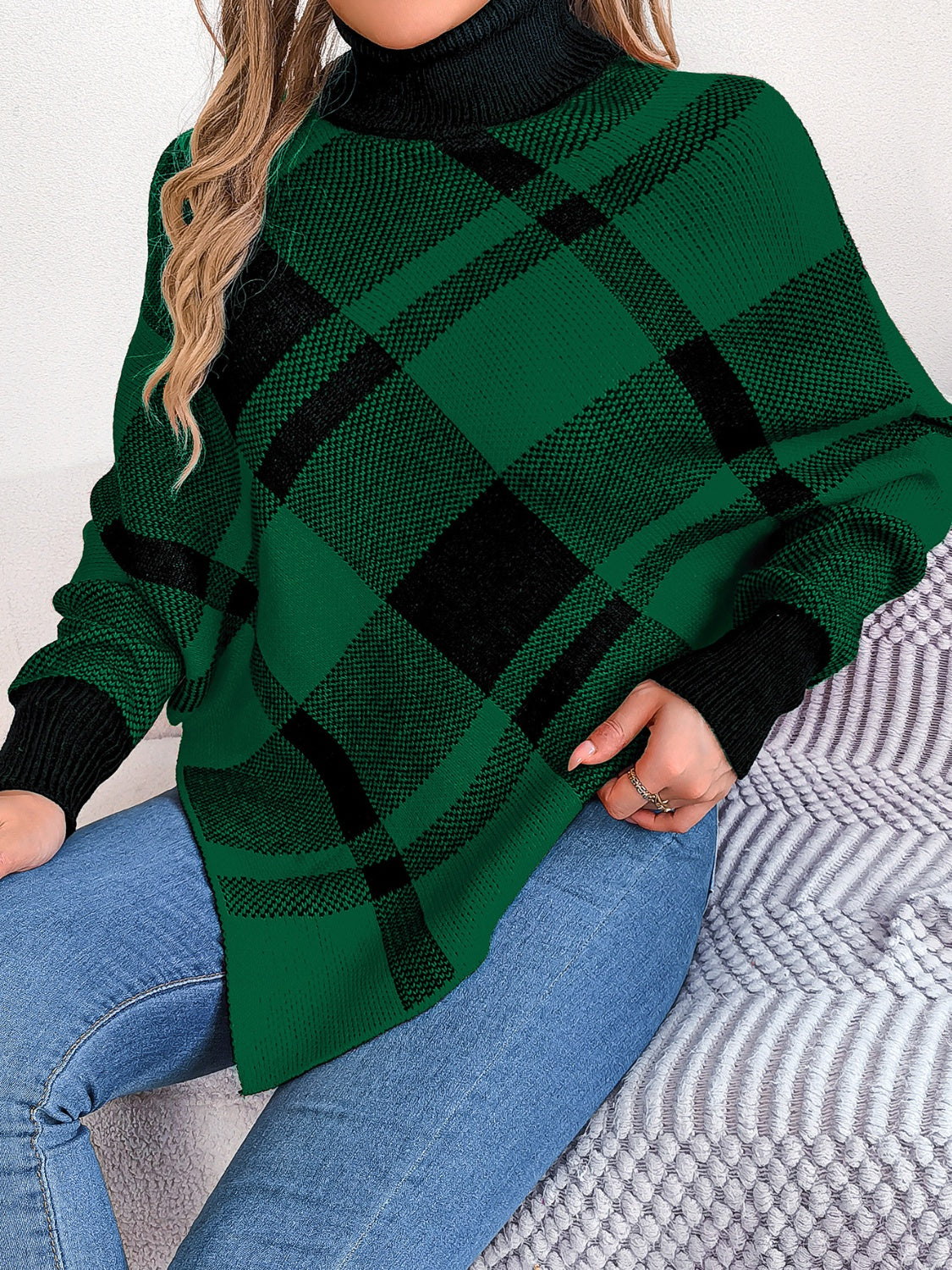 Plaid Turtleneck Batwing Sleeve Sweater-TOPS / DRESSES-[Adult]-[Female]-Dark Green-S-2022 Online Blue Zone Planet