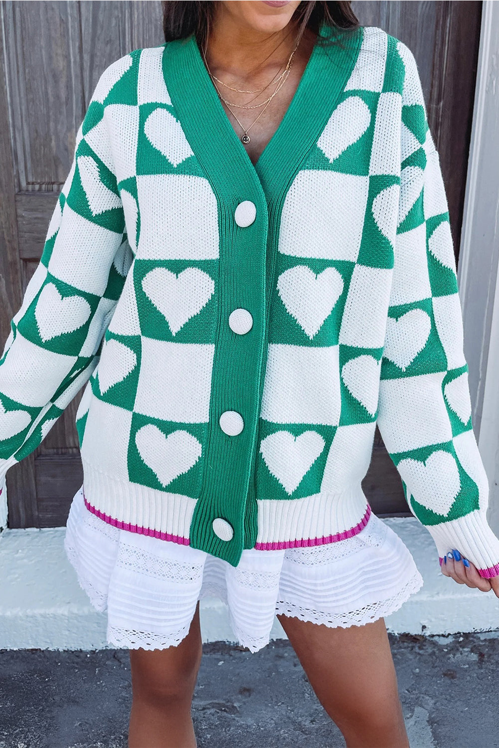 Sea Green Plaid Heart Knit V Neck Button Down Sweater Cardigan-TOPS / DRESSES-[Adult]-[Female]-2022 Online Blue Zone Planet