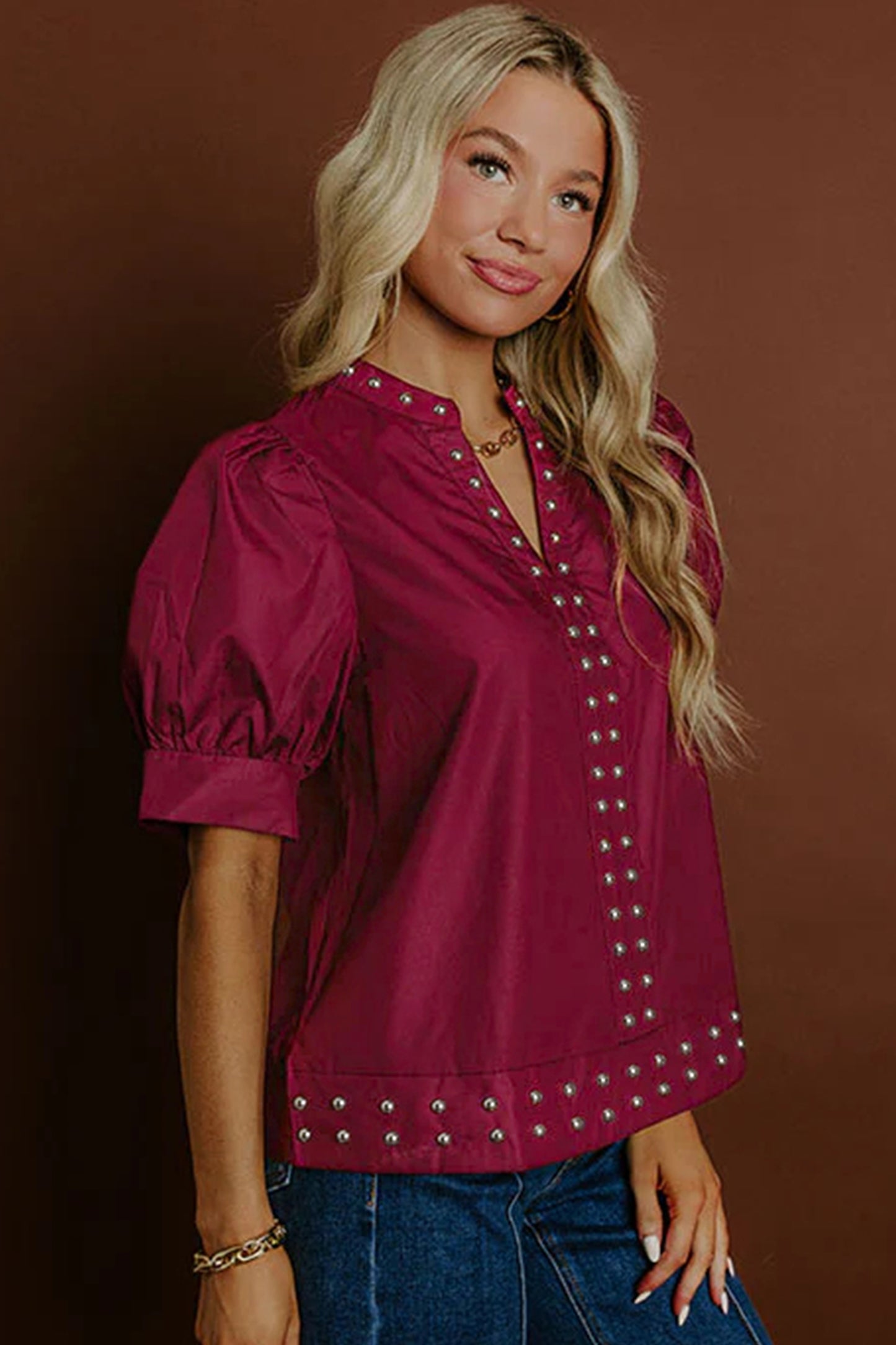Burgundy Rivet Embellished V Neck Short Puff Sleeve Blouse-Tops/Blouses & Shirts-[Adult]-[Female]-2022 Online Blue Zone Planet