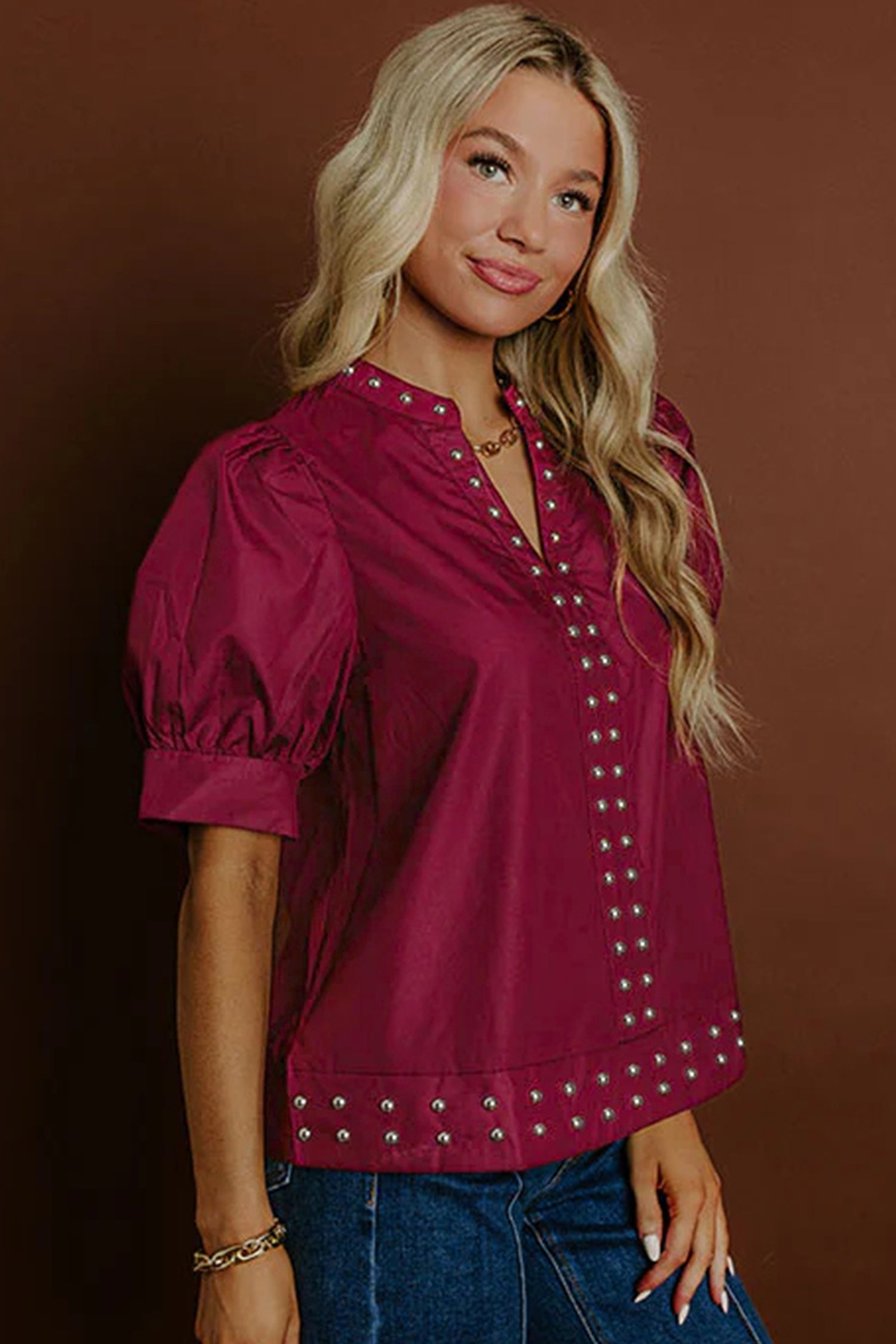 Burgundy Rivet Embellished V Neck Short Puff Sleeve Blouse-Tops/Blouses & Shirts-[Adult]-[Female]-2022 Online Blue Zone Planet