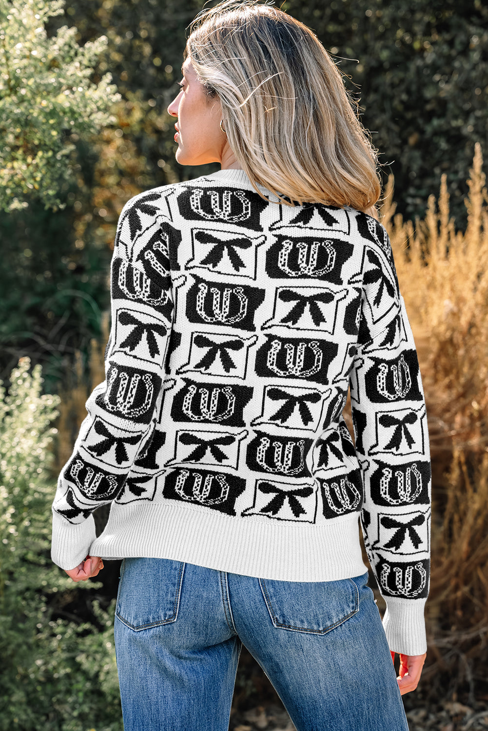 Black Bows & Horseshoes Pattern Western Fashion Print Sweater-Sweaters & Cardigans/Sweaters-[Adult]-[Female]-2022 Online Blue Zone Planet