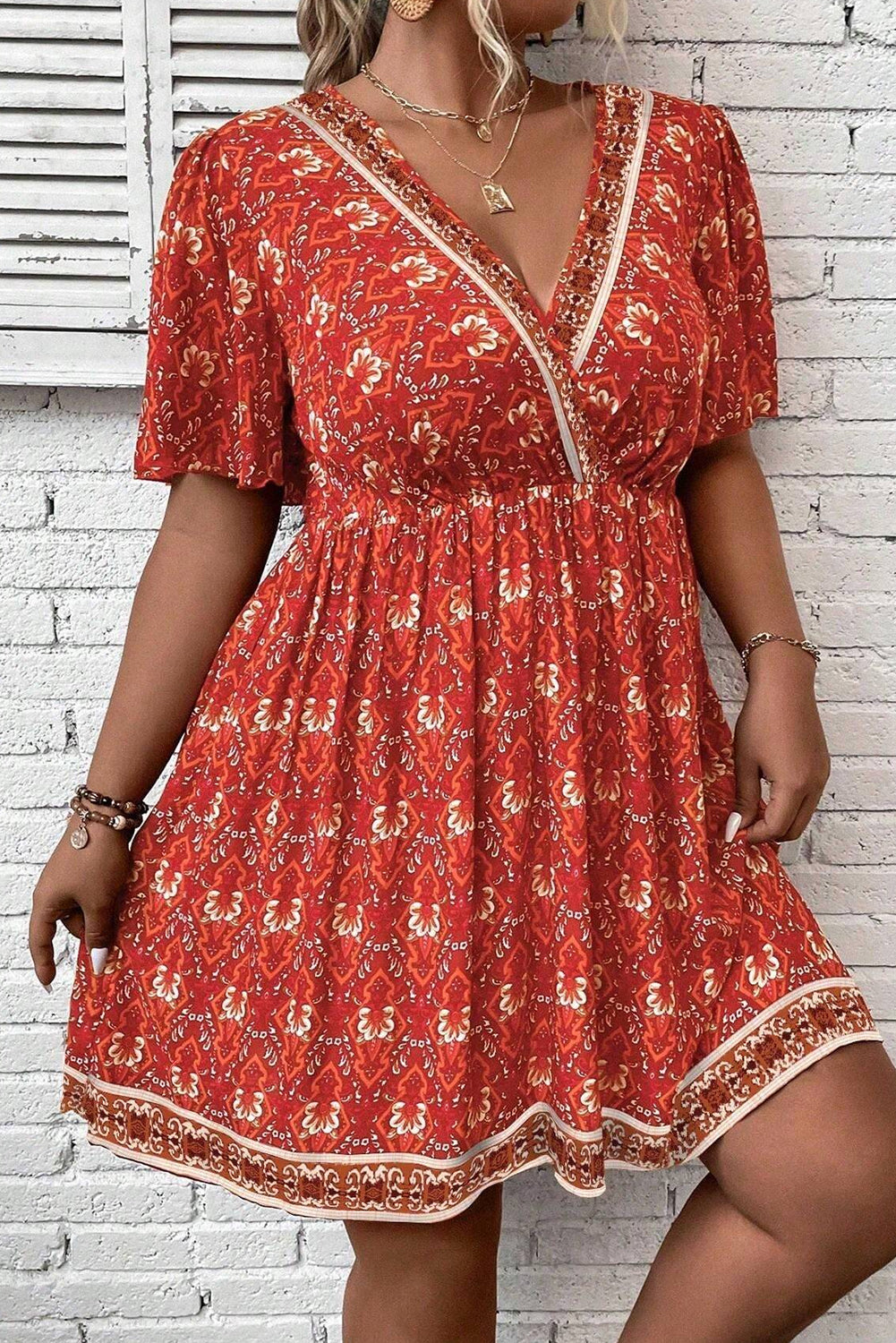 Orange Plus Size Printed Surplice Neck Empire Waist Flowy Mini Dress-Plus Size/Plus Size Dresses/Plus Size Mini Dresses-[Adult]-[Female]-2022 Online Blue Zone Planet
