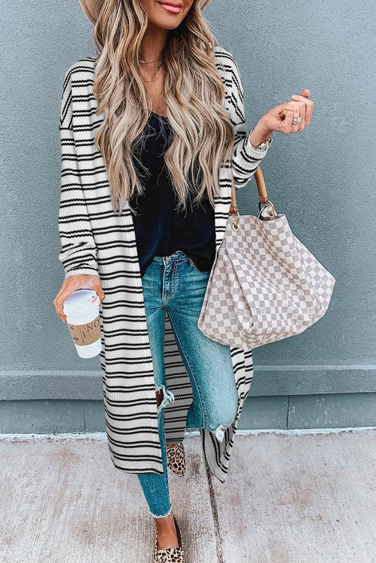 Black Stripe Print Open Front Duster Cardigan-Sweaters & Cardigans/Cardigans-[Adult]-[Female]-Black Stripe-S-2022 Online Blue Zone Planet