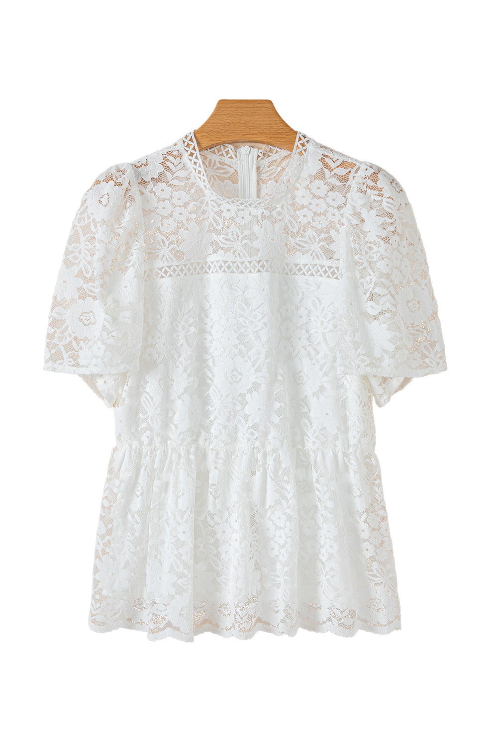 White Short Sleeve Scalloped Floral Lace Peplum Blouse-Tops/Blouses & Shirts-[Adult]-[Female]-2022 Online Blue Zone Planet