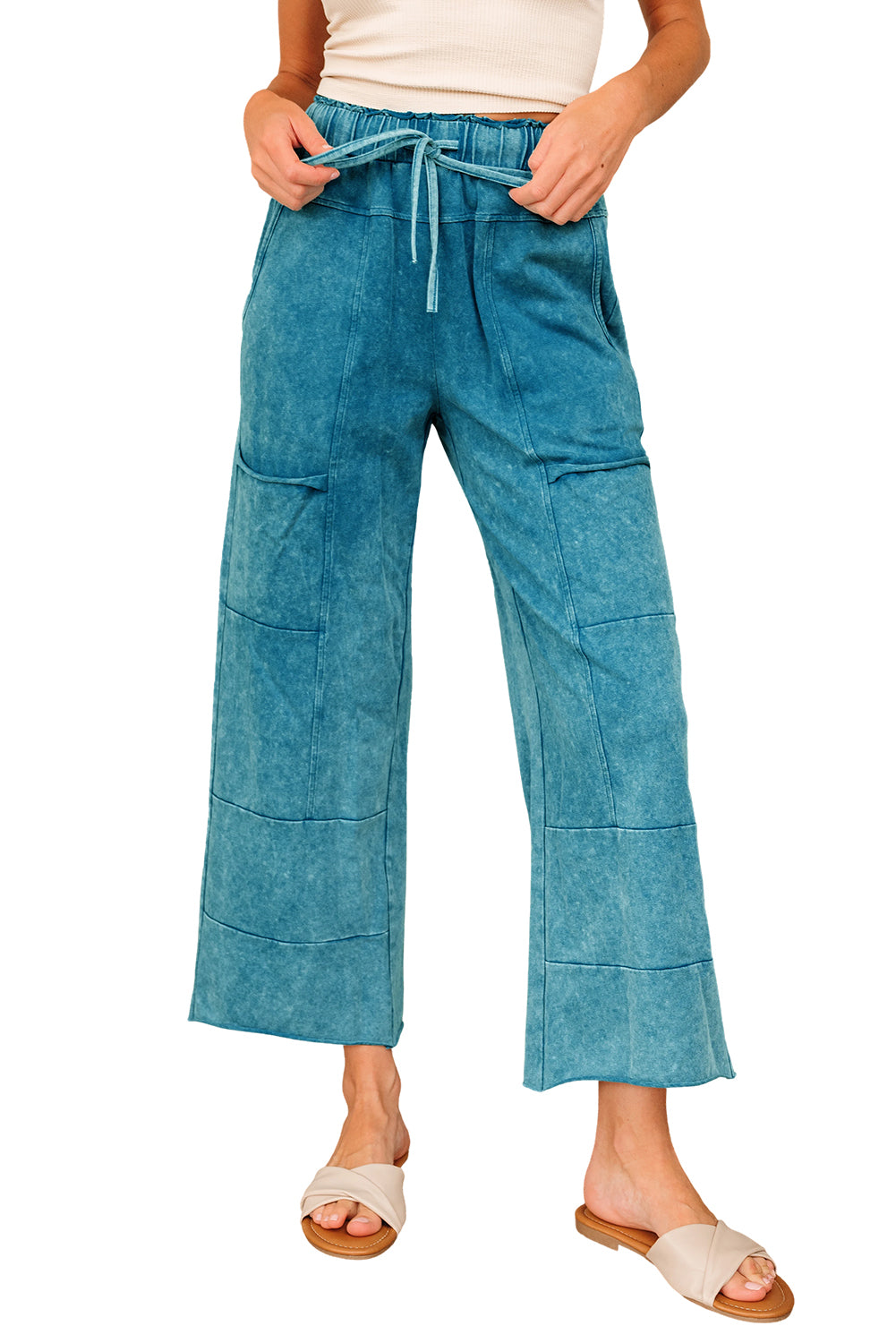 Medium Grey Mineral Wash Lace-Up High Waist Raw Hem Patched Pocket Pants-Bottoms/Pants & Culotte-[Adult]-[Female]-2022 Online Blue Zone Planet