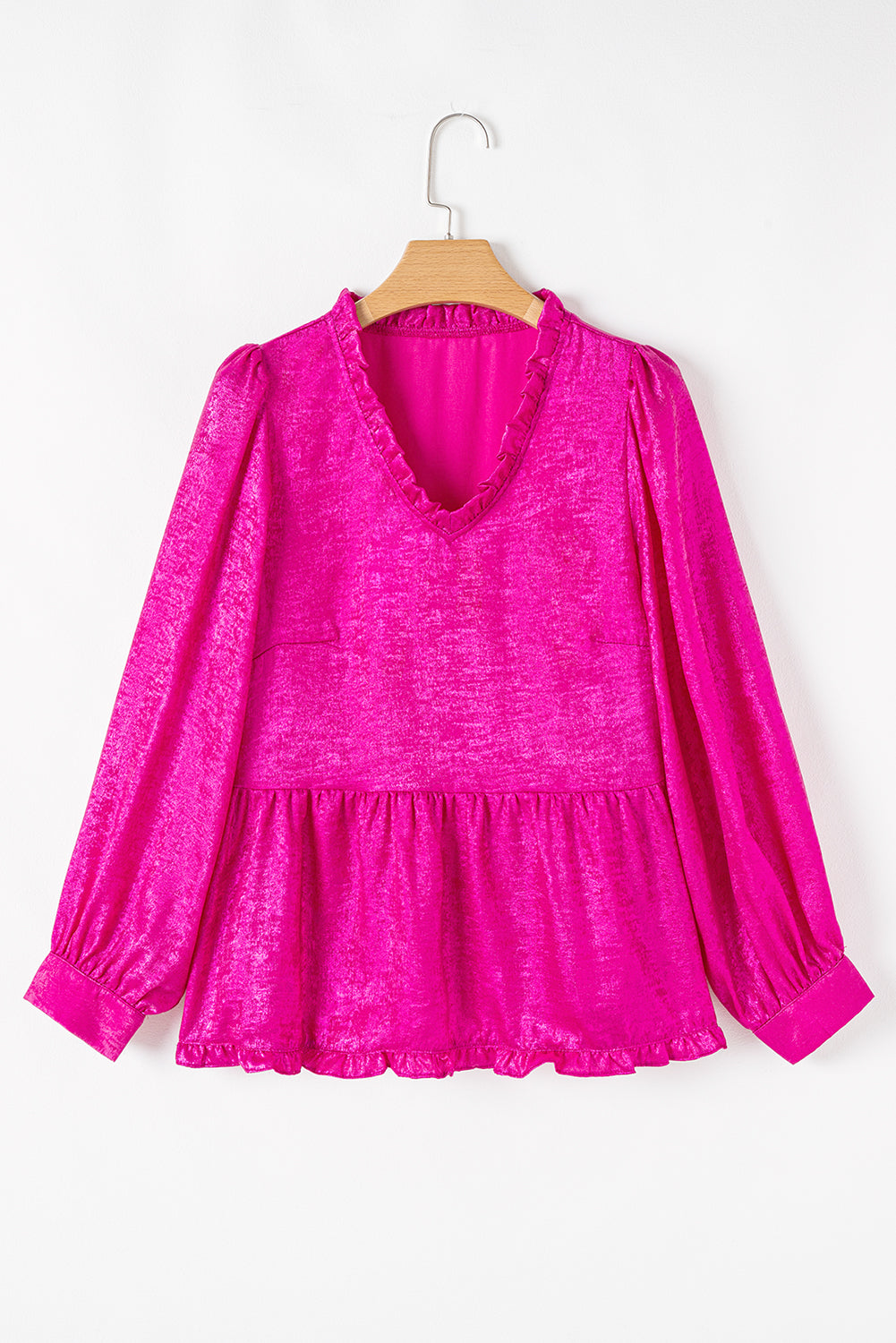 Rose Red Metallic Frilled V Neck Puff Sleeve Babydoll Blouse-Tops/Blouses & Shirts-[Adult]-[Female]-2022 Online Blue Zone Planet