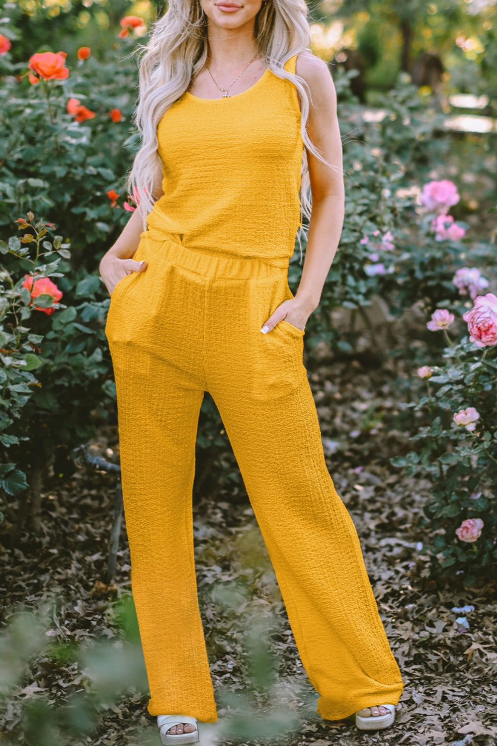 Textured Round Neck Top and Wide Leg Pants Set-TOPS / DRESSES-[Adult]-[Female]-Yellow-S-2022 Online Blue Zone Planet