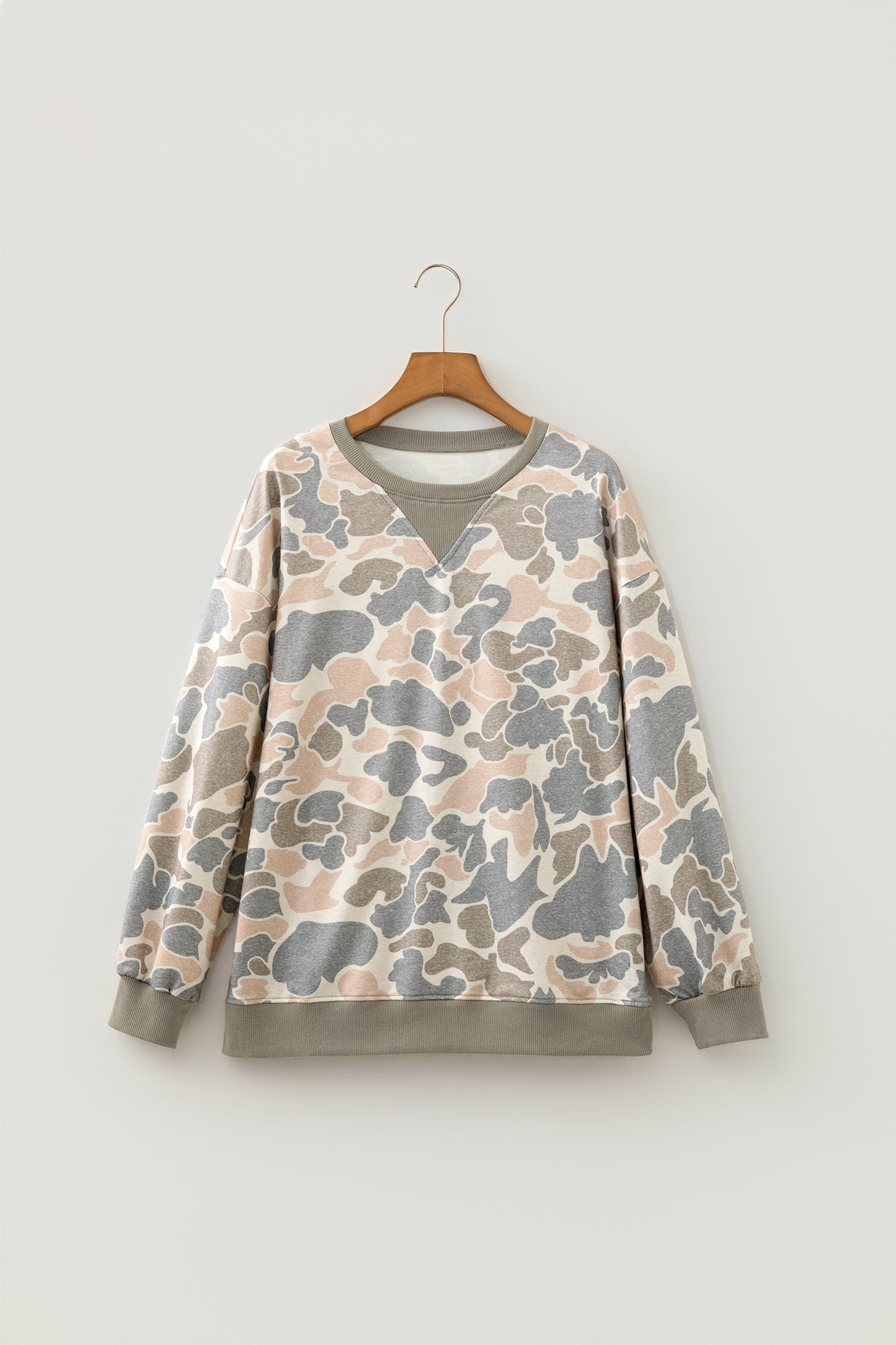 Multicolour Camo Print Ribbed Trim Casual Pullover Sweatshirt-Tops/Sweatshirts & Hoodies-[Adult]-[Female]-2022 Online Blue Zone Planet
