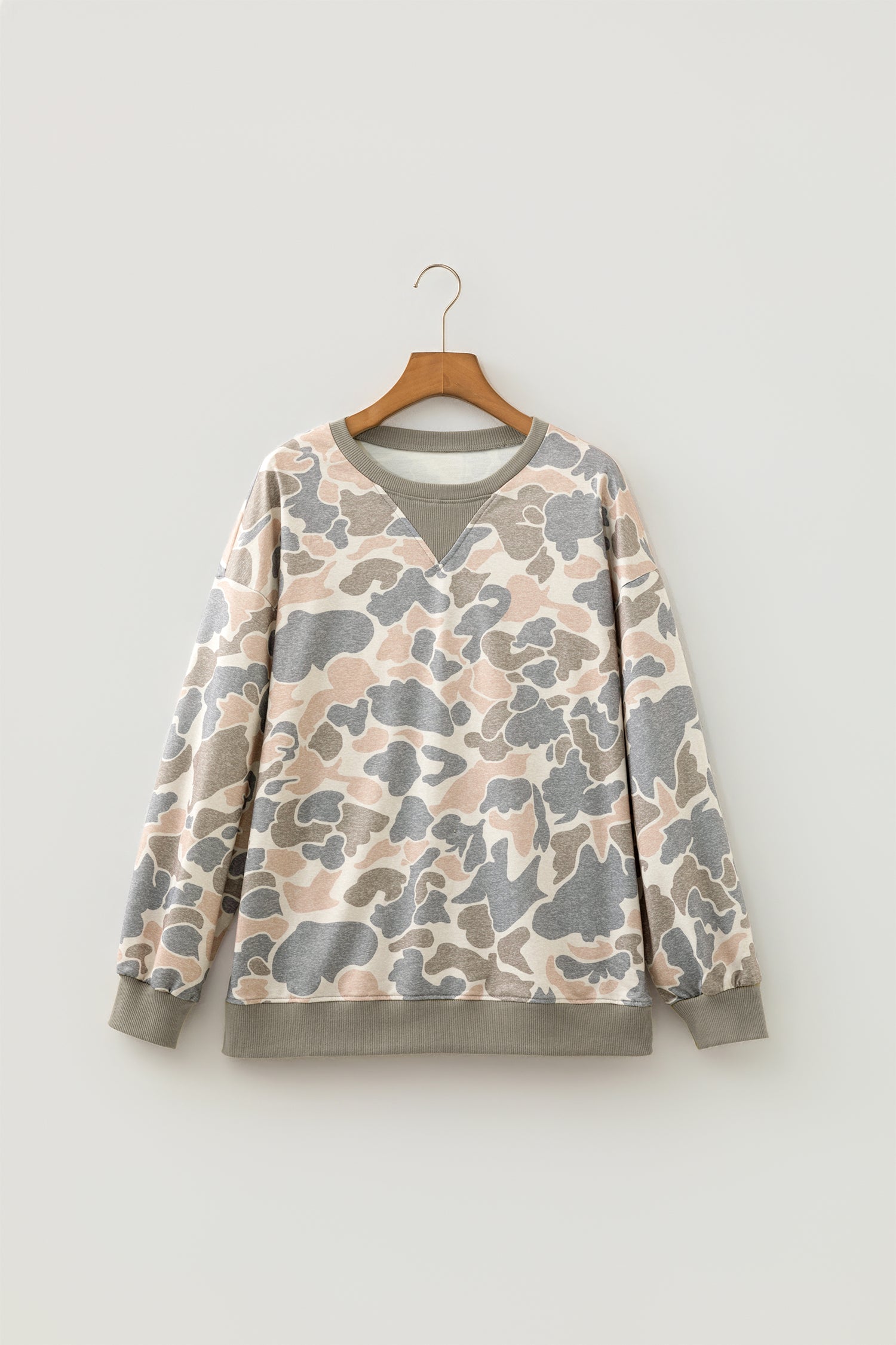 Multicolour Camo Print Ribbed Trim Casual Pullover Sweatshirt-Tops/Sweatshirts & Hoodies-[Adult]-[Female]-2022 Online Blue Zone Planet
