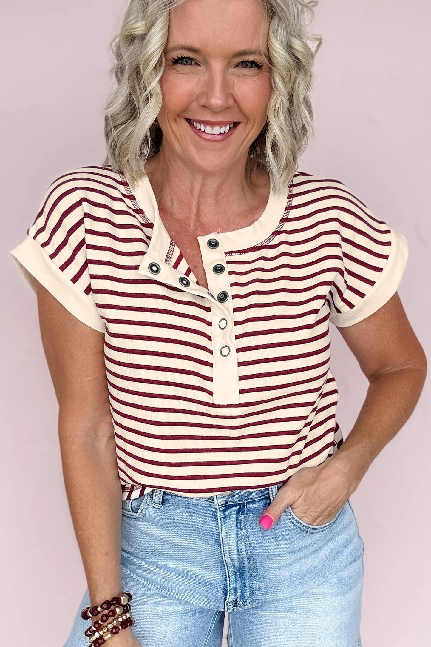 Red Stripe Half Buttons Round Neck T Shirt-Tops/Tops & Tees-[Adult]-[Female]-2022 Online Blue Zone Planet