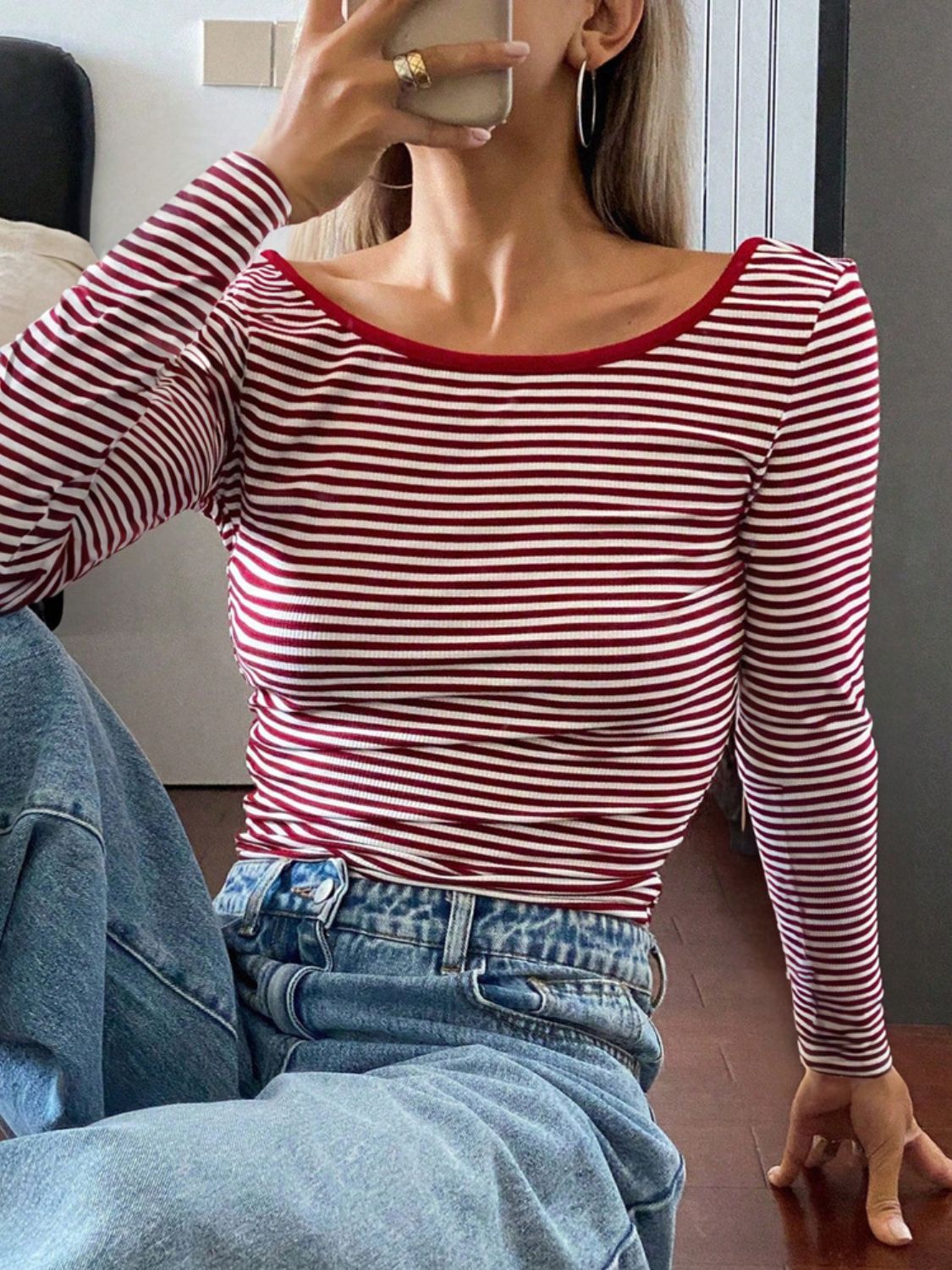 Devine Backless Striped Boat Neck Long Sleeve T-Shirt-TOPS / DRESSES-[Adult]-[Female]-2022 Online Blue Zone Planet