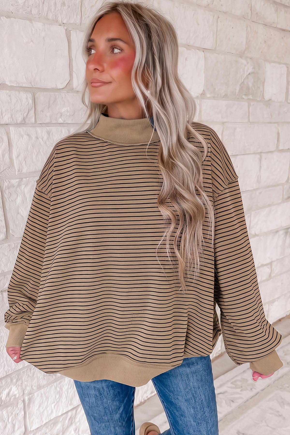 Khaki Stripe Ribbed Color Block Mock Neck Oversized Sweatshirt-Tops/Sweatshirts & Hoodies-[Adult]-[Female]-2022 Online Blue Zone Planet