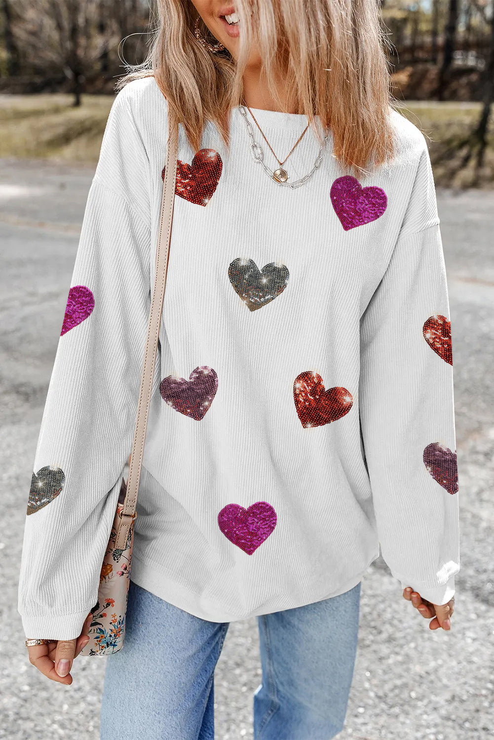 White Valentines Heart Patched Pattern Corded Pullover Sweatshirt-Graphic Sweatshirts-[Adult]-[Female]-2022 Online Blue Zone Planet