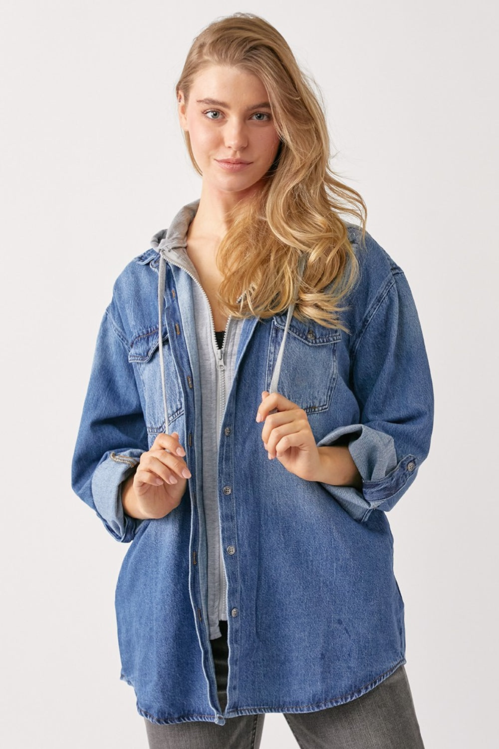 Blue Zone Planet | RISEN Zip Up Hooded Denim Shirt-TOPS / DRESSES-[Adult]-[Female]-2022 Online Blue Zone Planet