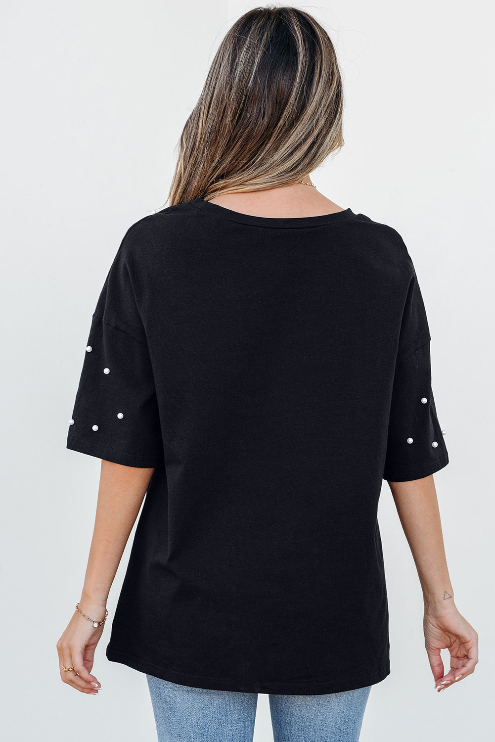 Black Pearl Beaded Drop Shoulder Crewneck T Shirt-Tops/Tops & Tees-[Adult]-[Female]-2022 Online Blue Zone Planet