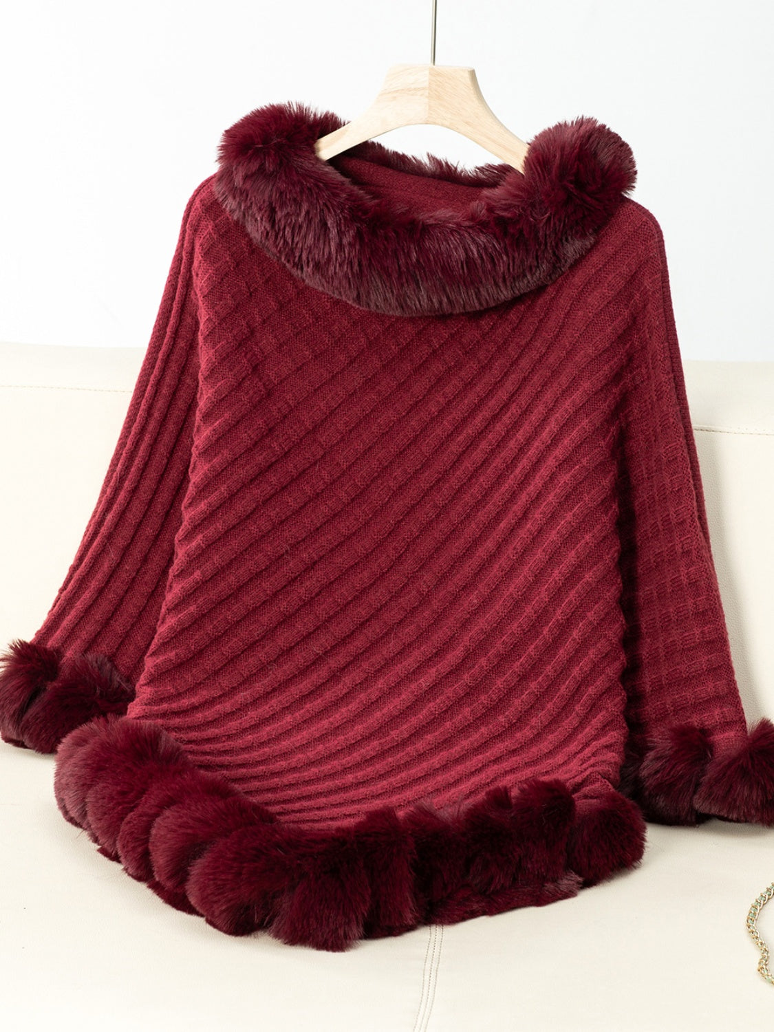 Fuzzy Trim Texture Three-Quarter Sleeve Poncho-TOPS / DRESSES-[Adult]-[Female]-Burgundy-One Size-2022 Online Blue Zone Planet