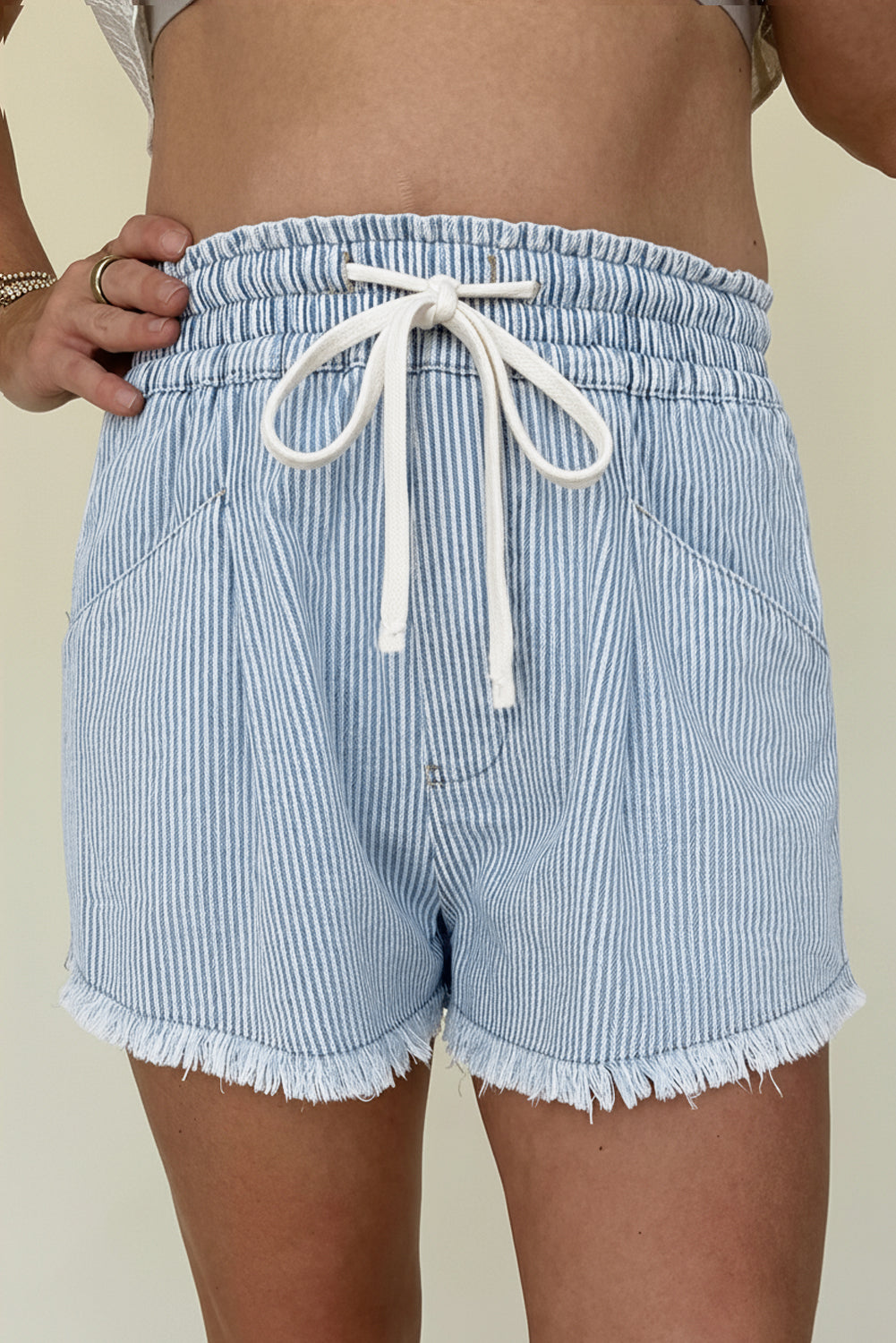 Sky Blue Stripe Raw Edge Drawstring Elastic Waist Casual Denim Shorts-Bottoms/Denim Shorts-[Adult]-[Female]-Sky Blue Stripe-4-2022 Online Blue Zone Planet