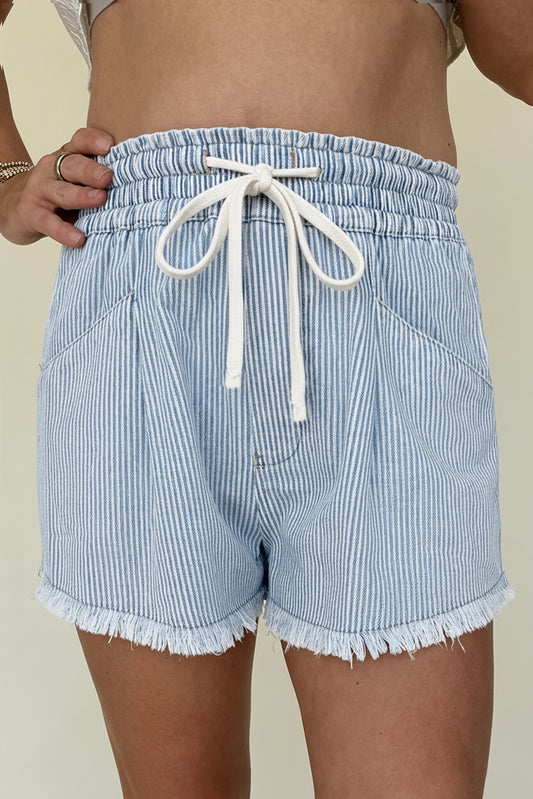 Sky Blue Stripe Raw Edge Drawstring Elastic Waist Casual Denim Shorts-Bottoms/Denim Shorts-[Adult]-[Female]-Sky Blue Stripe-4-2022 Online Blue Zone Planet