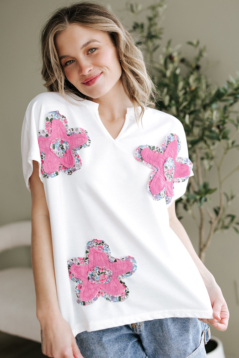 White Floral Applique Notched V Neck Dolman Sleeve Top-Tops/Tops & Tees-[Adult]-[Female]-2022 Online Blue Zone Planet
