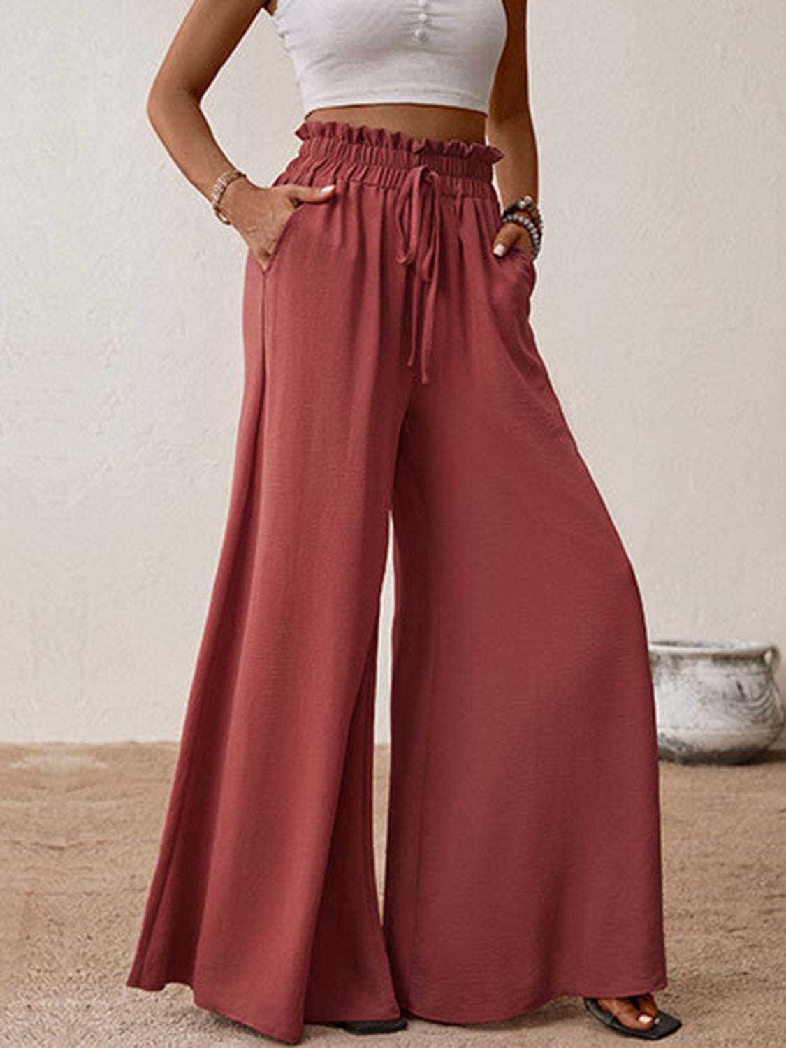 Blue Zone Planet | Perfee Frill Tied Wide Leg Pants-BOTTOM SIZES SMALL MEDIUM LARGE-[Adult]-[Female]-2022 Online Blue Zone Planet