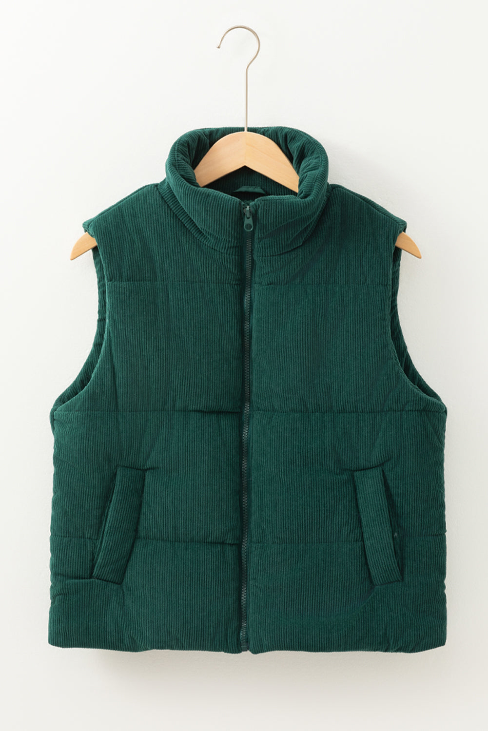 Blue Zone Planet | Jungle Green Corduroy Stand Neck Zipped Puffer Vest-Outerwear/Vests-[Adult]-[Female]-2022 Online Blue Zone Planet